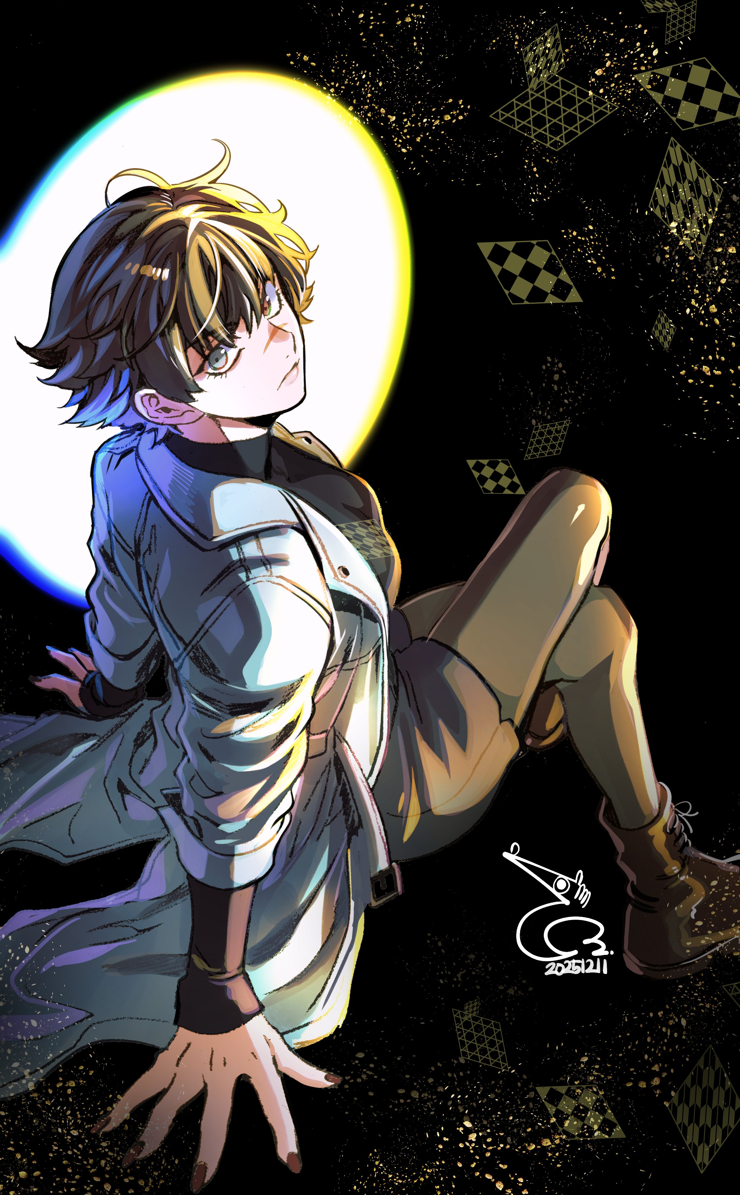 lady (devil may cry), devil may cry (series), absurdres, highres, 1girl, baehee5502, black hair, black nails, dated, green eyes, heterochromia, jacket, looking at viewer, nail polish, red eyes, scar, scar on face, scar on nose, short hair, signature, sitting, white jacket