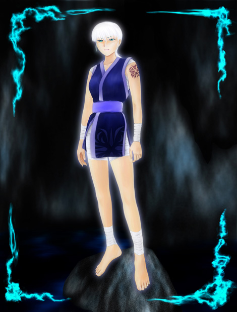 bandages, barefoot, feet, green eyes, japanese clothes, ninja, sarashi, solo, tattoo, white hair