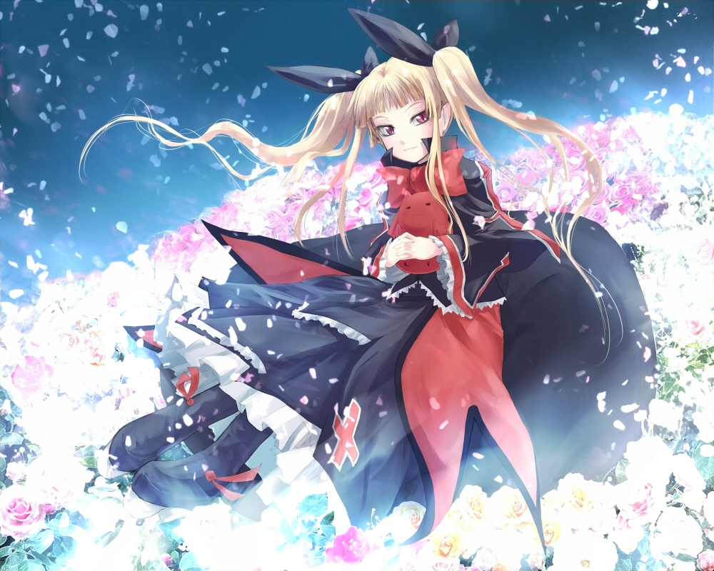 wander (artist), wander (cordabyss), gii, rachel alucard, arc system works, blazblue, 1girl, bat (animal), blonde hair, female focus, flower, gothic lolita, lolita fashion, solo, twintails, vampire