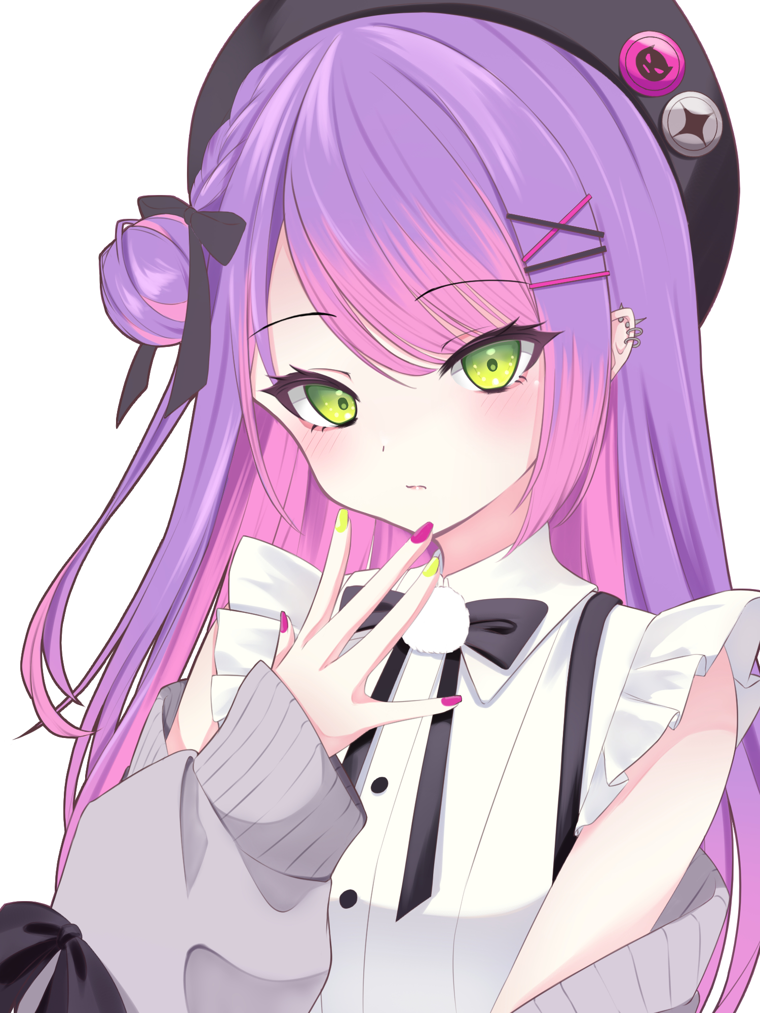 hncstk, tokoyami towa, tokoyami towa (jirai kei), hololive, highres, 1girl, arm up, badge, barbell piercing, beret, black bow, black bowtie, black hat, blush, bow, bowtie, braid, button badge, buttons, cardigan, cardigan partially removed, closed mouth, collared shirt, colored inner hair, demon girl, ear piercing, floating hair, frilled shirt, frills, green eyes, green nails, grey cardigan, hair bow, hair bun, hair ornament, hairclip, hand on own chin, hat, industrial piercing, jirai kei, long eyelashes, long hair, looking at viewer, multicolored hair, multicolored nails, official alternate costume, open cardigan, open clothes, parallel hairclips, piercing, pink hair, pink nails, pom pom (clothes), purple hair, raised eyebrows, shirt, sidelocks, simple background, single sleeve past wrist, sleeve bow, solo, suspenders, swept bangs, two-tone hair, two-tone nails, virtual youtuber, white background, white shirt, x hair ornament