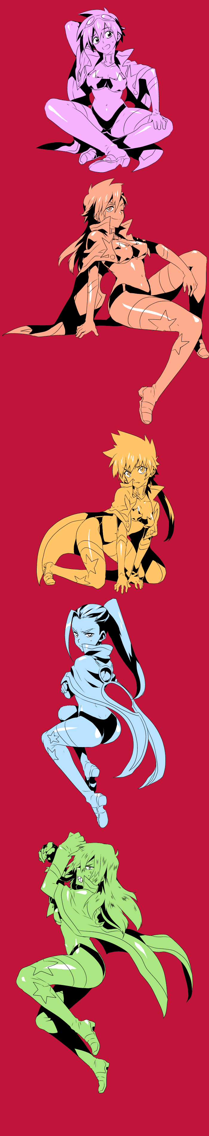matsukaze yukiji, kamina (ttgl), kittan bachika, rossiu adai, simon (ttgl), viral (ttgl), yoko littner, tengen toppa gurren lagann, absurdres, highres, long image, tall image, 5girls, all fours, angry, ass, boots, breasts, cape, cleavage, cosplay, genderswap, genderswap (mtf), gloves, goggles, goggles on head, hair over one eye, long hair, looking back, medium breasts, midriff, multiple girls, navel, one eye closed, oversized limbs, ponytail, short hair, small breasts, smile, thigh boots, thighhighs, wink, yoko littner (cosplay)