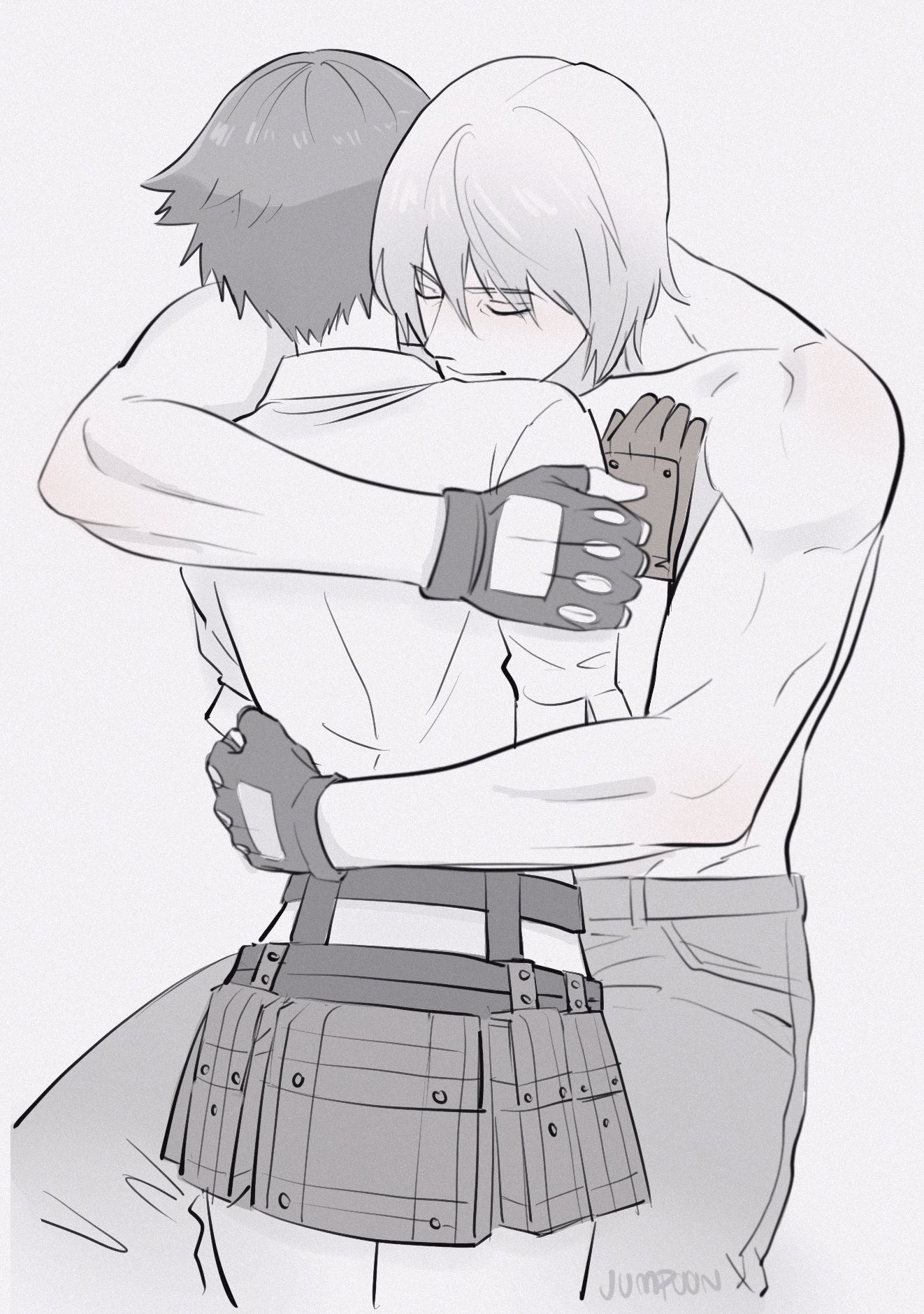 jumpoon, dante (devil may cry), lady (devil may cry), devil may cry, devil may cry (series), devil may cry 3, highres, 1boy, 1girl, artist name, black gloves, black hair, closed eyes, gloves, grey background, midriff, no shirt, partially fingerless gloves, shirt, signature, simple background, smile, white hair