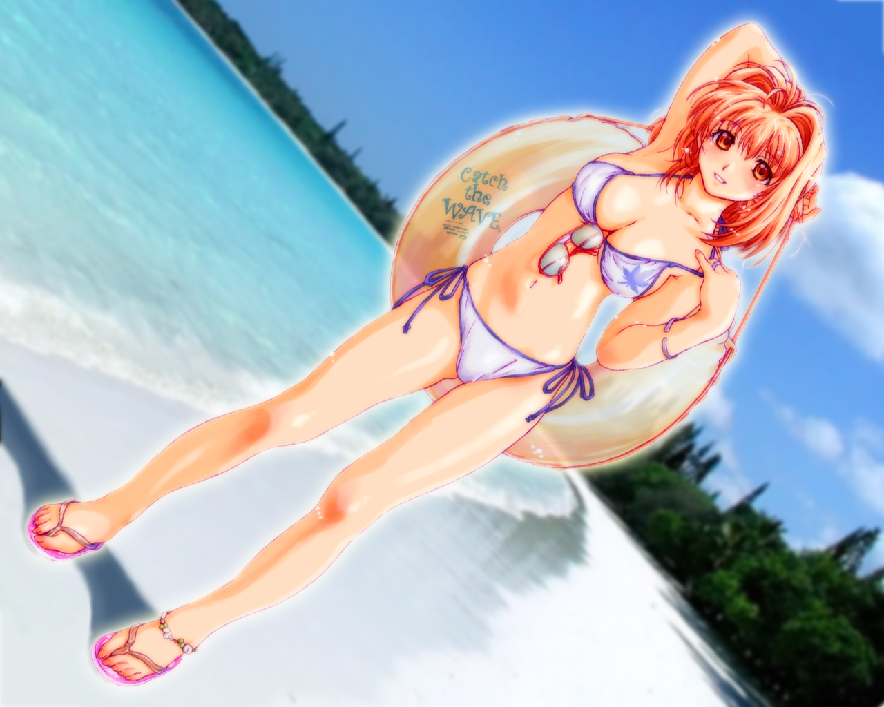 toe gojuu, kawai rie, lovers (game), non-web source, 1girl, anklet, armpits, beach, bikini, bracelet, breasts, cleavage, day, dutch angle, feet, female focus, flip-flops, glasses, innertube, jewelry, matching hair/eyes, medium breasts, orange eyes, orange hair, outdoors, ring, sandals, short hair, smile, solo, sunglasses, swim ring, swimsuit, water, white bikini