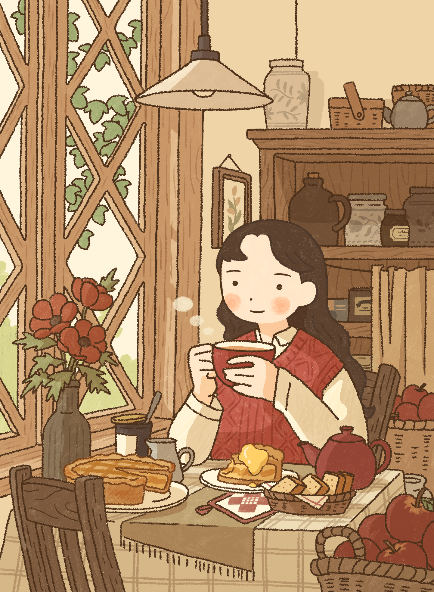 marunoki, original, commentary, highres, symbol-only commentary, 1girl, apple, autumn, brown hair, closed mouth, cup, flower, food, fruit, holding, holding cup, indoors, long sleeves, pie, red flower, red sweater vest, shirt, sitting, smile, solo, sweater vest, teapot, vase, white shirt, window