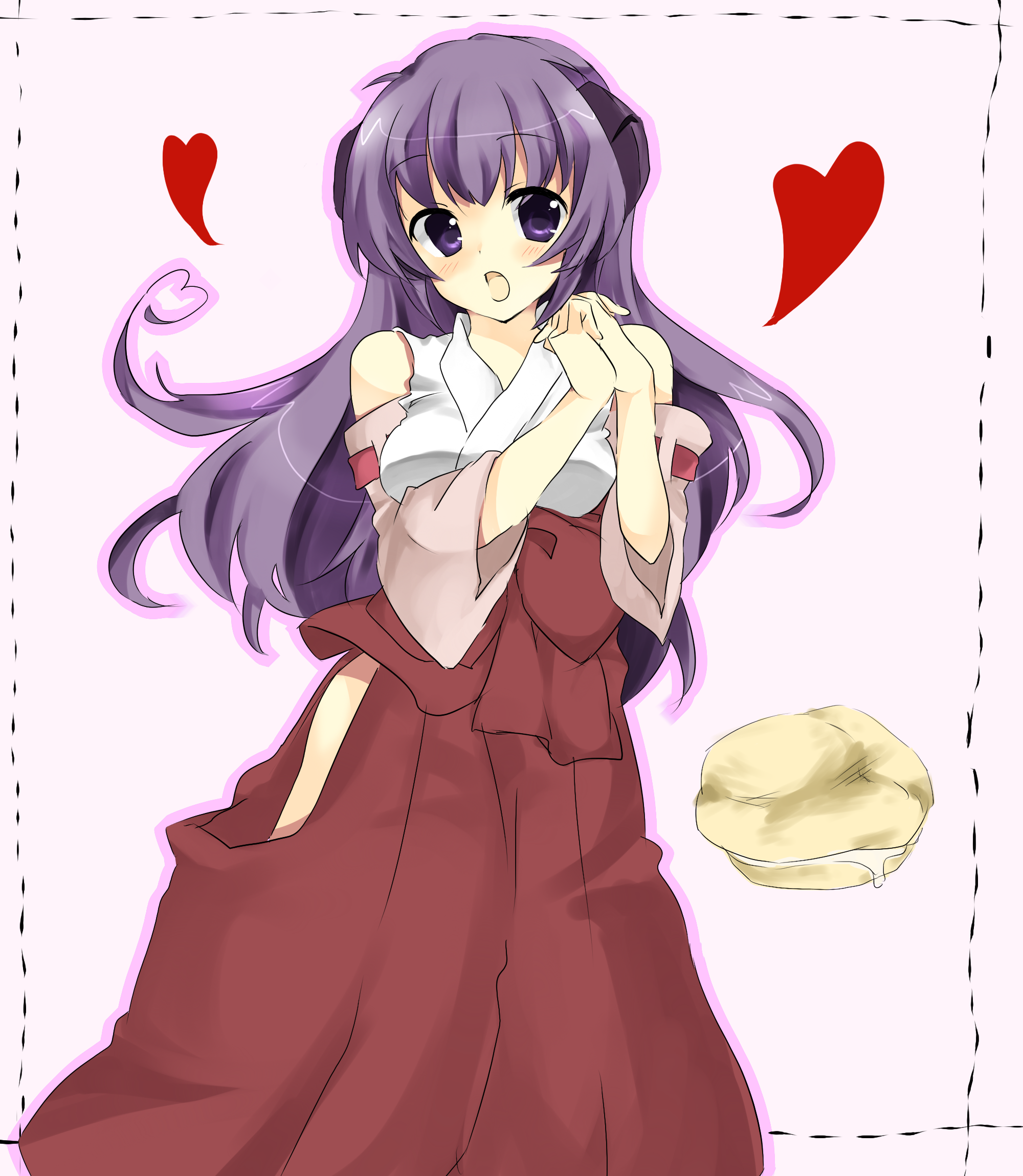 mizuse kotone, hanyuu, higurashi no naku koro ni, highres, 00s, 1girl, cream puff, detached sleeves, female focus, food, hakama, hakama skirt, horns, japanese clothes, long hair, miko, no panties, own hands clasped, own hands together, pastry, purple eyes, purple hair, red hakama, skirt, solo