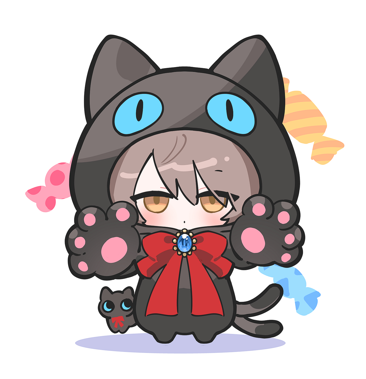 myluche, miss christine (arknights), phantom (arknights), tragodia (arknights), arknights, highres, 1boy, animal costume, animal ears, blue eyes, blush, bow, brooch, brown eyes, brown hair, candy wrapper, cat costume, cat ears, cat tail, chibi, closed mouth, colored shadow, cosplay, eyes visible through hair, fake animal ears, fake tail, jewelry, looking at viewer, miss christine (arknights) (cosplay), nekomata, red bow, shadow, standing, tail, white background