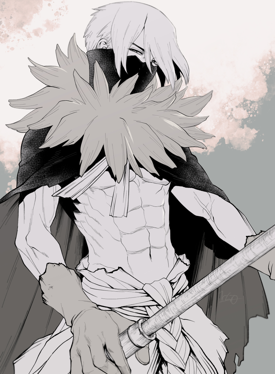 ninomae gin, hyoga (dr. stone), dr. stone, highres, 1boy, abs, black mask, cape, cloak, covered mouth, cowboy shot, fur collar, fur trim, gloves, grey background, greyscale, half-closed eyes, holding, holding polearm, holding weapon, looking at viewer, male focus, mask, monochrome, mouth mask, muscular, muscular male, navel, pectorals, polearm, short hair, sidelocks, signature, simple background, solo, weapon