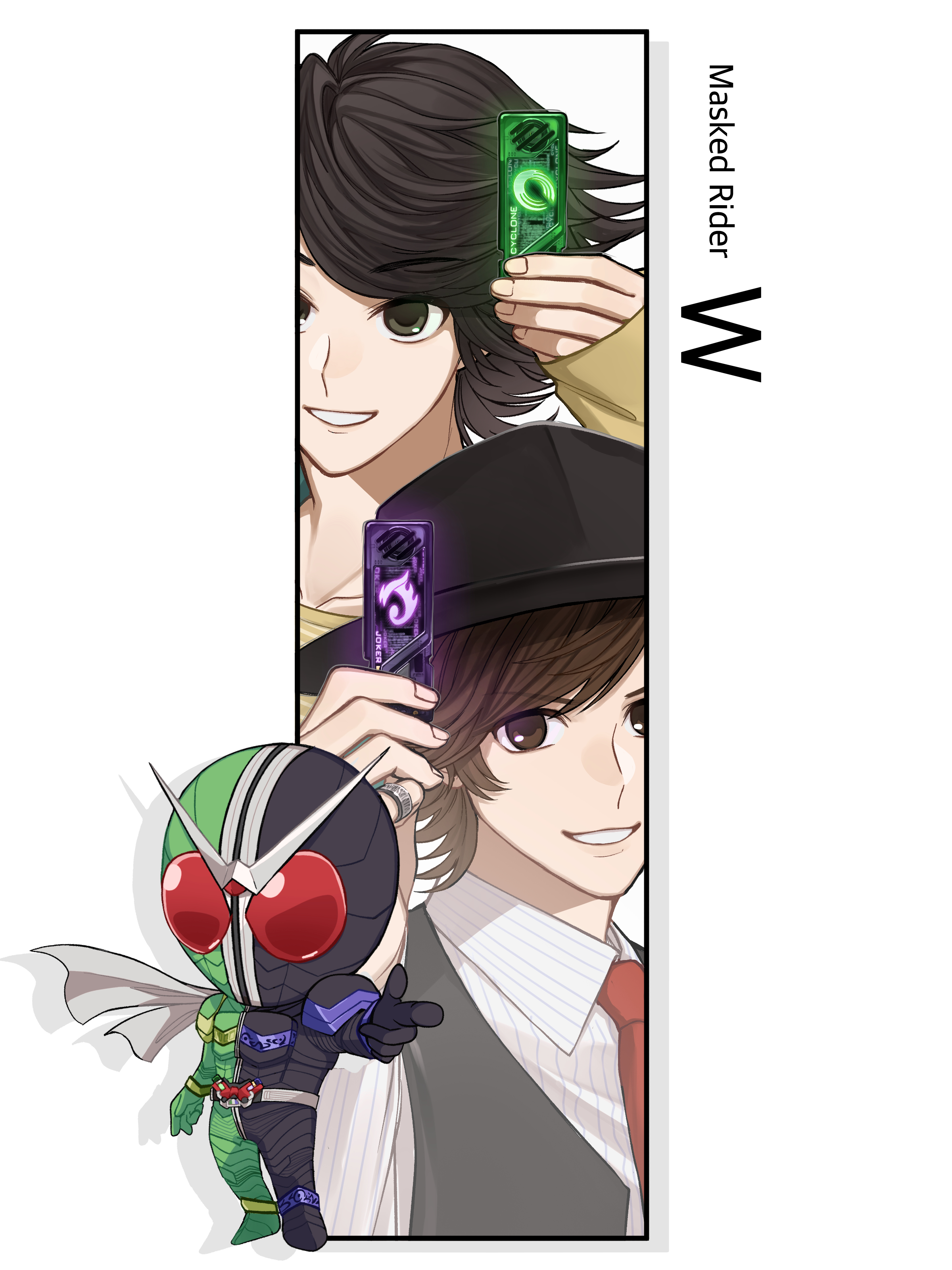 hidari shoutarou, philip (kamen rider), kamen rider, kamen rider w, absurdres, highres, 2boys, antennae, belt, black hair, brown eyes, brown hair, chibi, double driver, doubledriver, fedora, gaia memory, green eyes, hat, holding, jacket, kamen rider double (cyclonejoker), long sleeves, looking at viewer, multiple boys, necktie, pointing, red eyes, red necktie, scarf, shirt, short hair, simple background, smile, ssami vv, standing, teeth, white background, white scarf