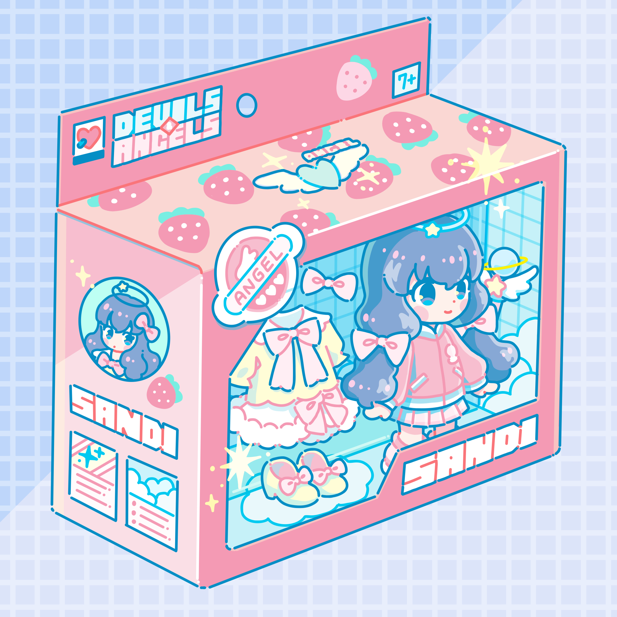 hiro046k, original, highres, 1girl, blue hair, bow, box, closed mouth, food print, fruit print, grid background, hair bow, in box, in container, isometric, jacket, long hair, long sleeves, low twintails, miniskirt, pleated skirt, red jacket, skirt, smile, solo, standing, strawberry print, twintails, unworn clothes, very long hair, white bow