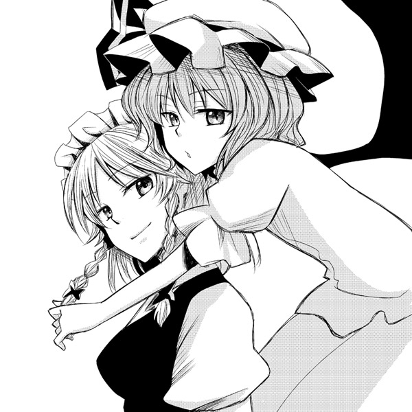megumiya, izayoi sakuya, remilia scarlet, touhou, bad id, bad pixiv id, 2girls, braid, female focus, frown, greyscale, hat, hug, hug from behind, monochrome, multiple girls, ruffling hair, short hair, smile, twin braids