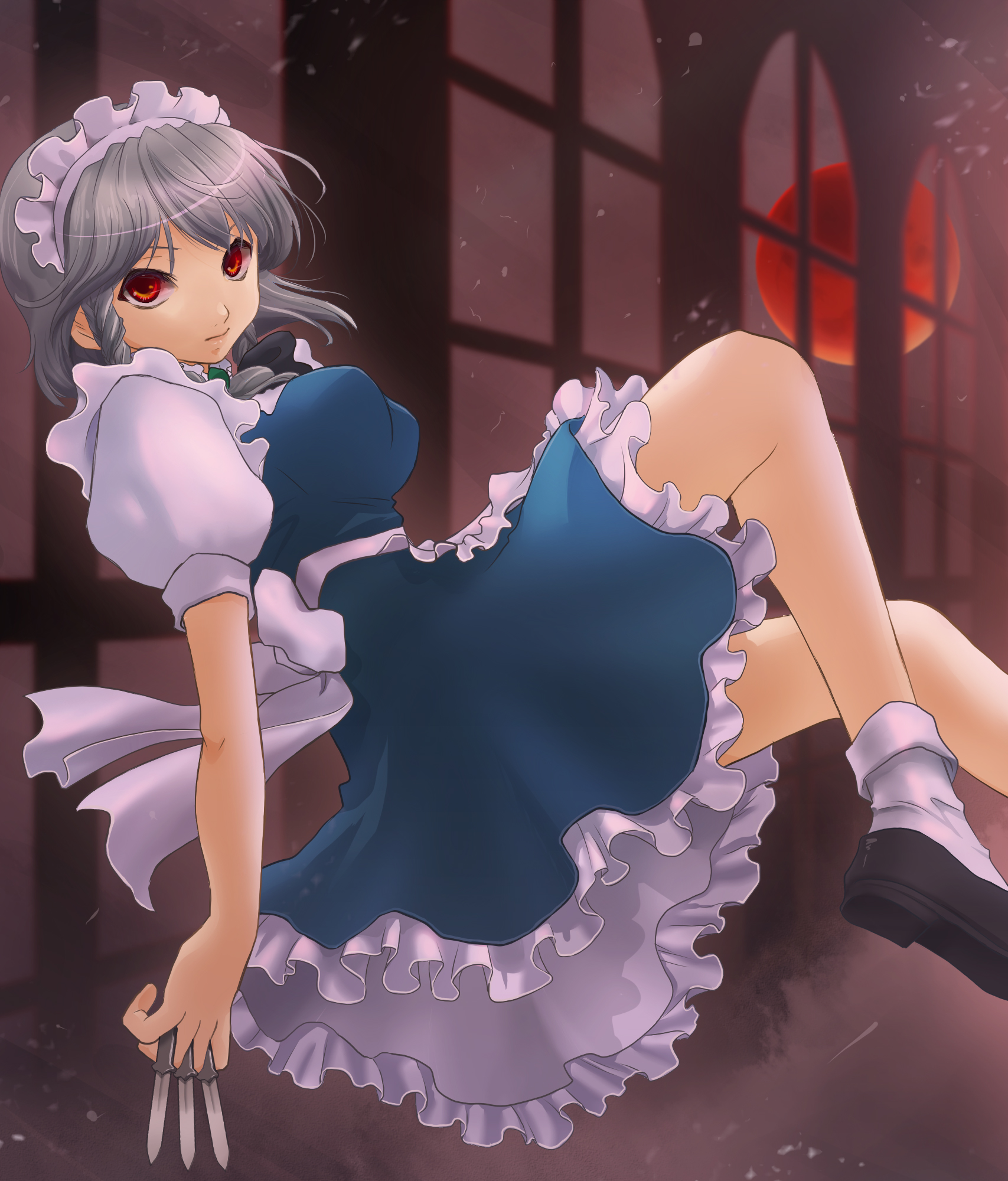 sakinosuke, izayoi sakuya, embodiment of scarlet devil, touhou, silver hair, bad id, bad pixiv id, highres, 1girl, apron, braid, breasts, dress, female focus, hairband, indoors, knife, maid, maid apron, maid headdress, red eyes, short hair, sky, solo, throwing knife, twin braids, weapon