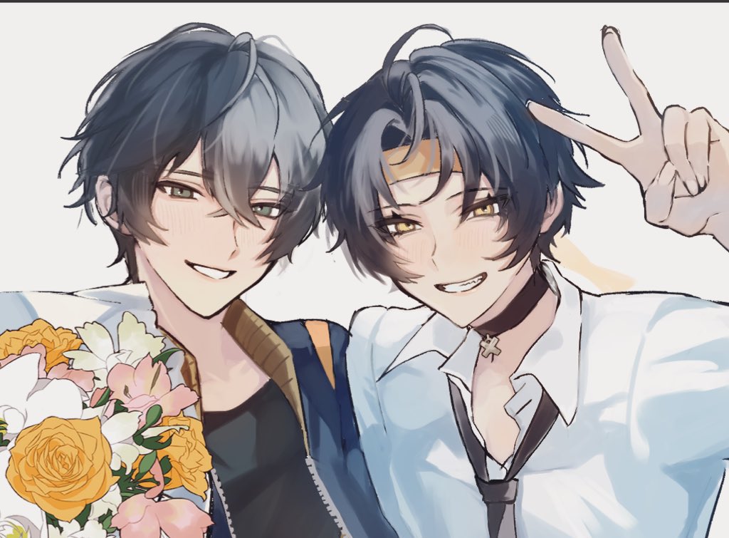 asaba harumasa, wise (zenless zone zero), zenless zone zero, commentary request, 2boys, black choker, black hair, black necktie, black shirt, bouquet, choker, crossed bangs, flower, green eyes, grey hair, grin, hair between eyes, headband, limited0twst0s, looking at viewer, multiple boys, necktie, parted bangs, parted lips, pendant choker, shirt, short hair, simple background, smile, v, white background, white shirt, yellow eyes, yellow headband