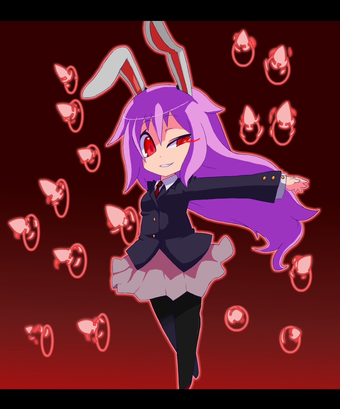 haiiro gundan, reisen udongein inaba, touhou, highres, 1girl, animal ears, chibi, danmaku, female focus, gradient background, long hair, pantyhose, purple hair, rabbit ears, solo, very long hair