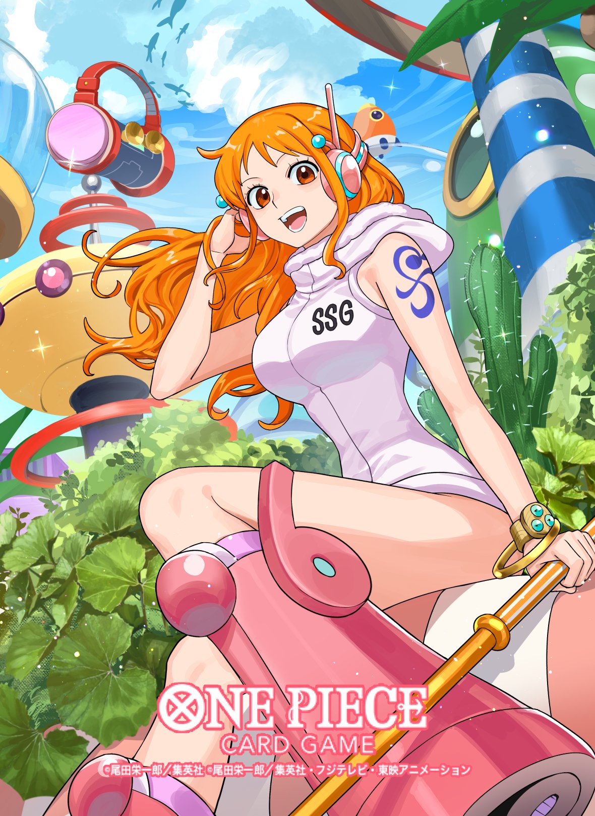sunohara (encount), nami (one piece), one piece, one piece card game, commentary request, highres, official art, 1girl, bangle, bare shoulders, blue sky, boots, bracelet, breasts, brown eyes, building, cactus, clima-tact, cloud, cloudy sky, copyright name, copyright notice, feet out of frame, floating hair, hand in own hair, headphones, holding, holding staff, hood, hood down, hoodie, jewelry, large breasts, leaf, log pose, long hair, looking at viewer, official alternate costume, open mouth, orange hair, pink boots, plant, science fiction, shoulder tattoo, sidelocks, sitting, sky, sleeveless, sleeveless hoodie, solo, sparkle, staff, tattoo, wavy hair, white hoodie