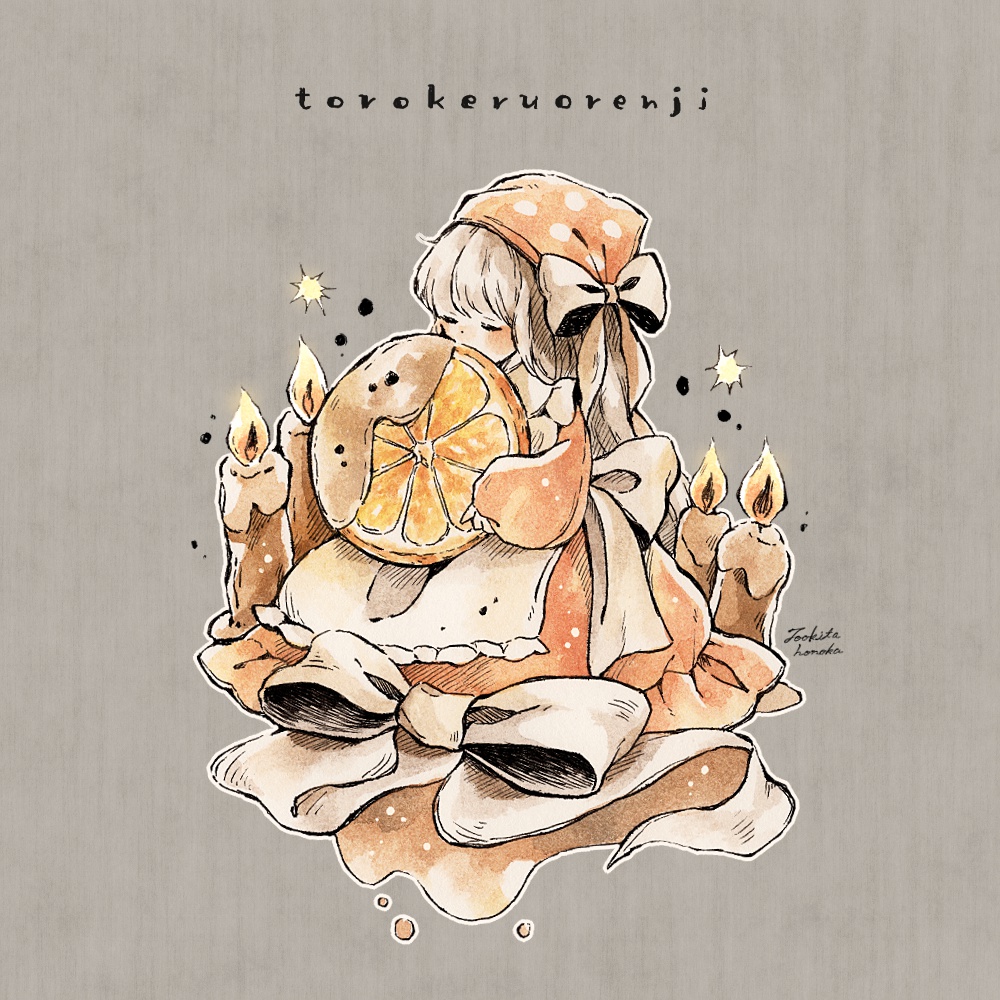 original, commentary request, traditional media, 1girl, artist name, bandana, blonde hair, bow, candle, closed mouth, dress, food, fruit, full body, grey background, holding, holding food, holding fruit, long hair, long sleeves, orange (fruit), orange bandana, orange dress, orange slice, oversized food, oversized object, polka dot, polka dot bandana, signature, solo, tookita honoka