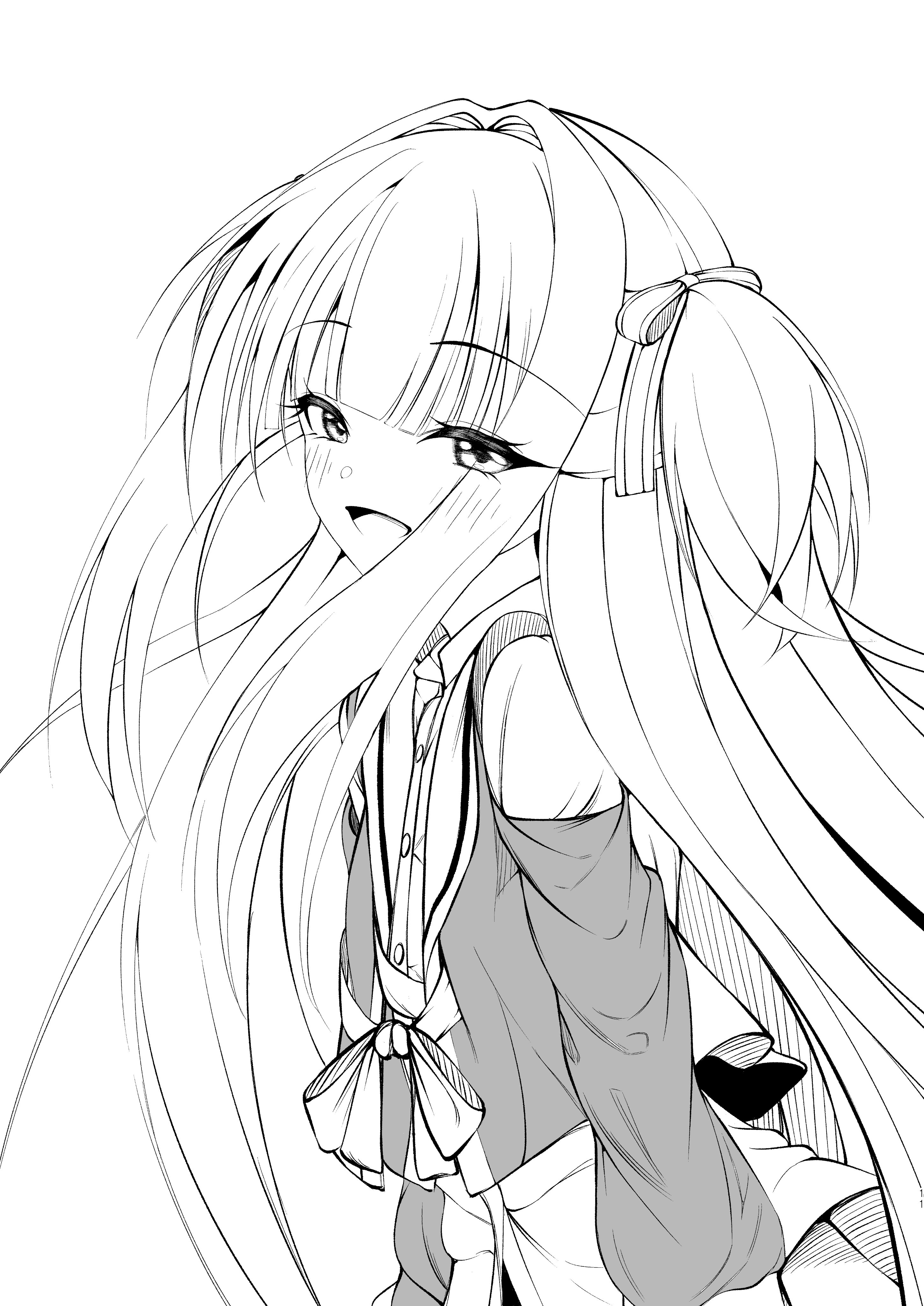 uoouchan, murasame (senren), senren banka, absurdres, commentary request, highres, 1girl, :d, arms at sides, blush, bow, bowtie, cowboy shot, eyelashes, eyes visible through hair, from side, greyscale, hair bow, hair intakes, happy, long hair, long sleeves, looking at viewer, monochrome, official alternate costume, open mouth, sailor collar, school uniform, serafuku, sidelocks, simple background, smile, solo, straight hair, two side up, very long hair, white background
