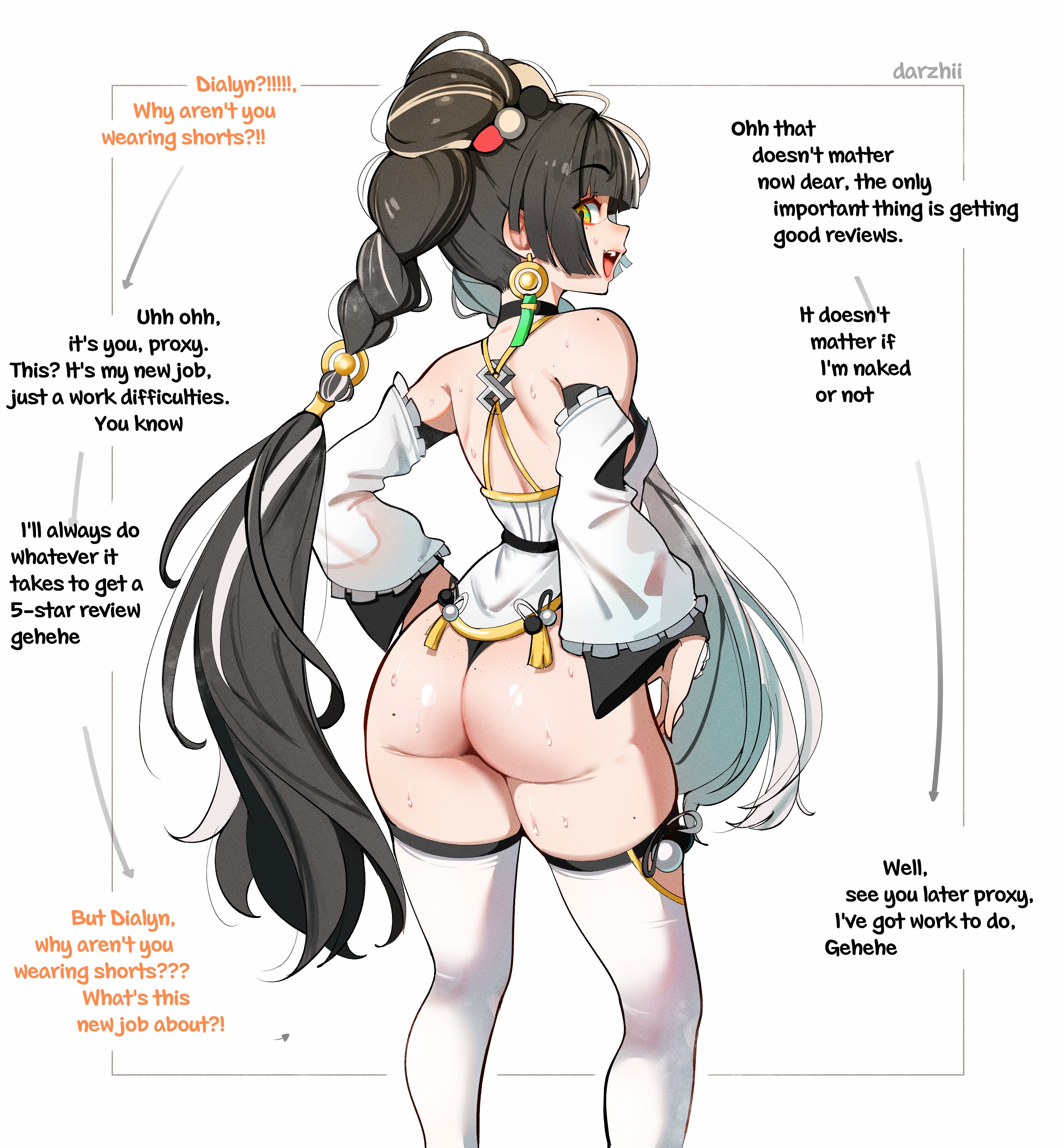 bullxon, dialyn (zenless zone zero), zenless zone zero, absurdres, commentary, english commentary, highres, 1girl, artist name, back, bare shoulders, black choker, black hair, black panties, black sleeves, blunt bangs, braid, braided twintails, china dress, chinese clothes, choker, contrapposto, detached sleeves, dress, earrings, english text, frilled sleeves, frills, from behind, hair bobbles, hair extensions, hair ornament, jewelry, layered sleeves, long hair, long sleeves, looking at viewer, looking back, microdress, mole, mole on shoulder, multicolored hair, no pants, open mouth, panda hair ornament, panties, ring hair extensions, skindentation, solo, split-color hair, sweat, talking, thighhighs, thong, underwear, very long hair, white dress, white hair, white sleeves, white thighhighs, yellow eyes