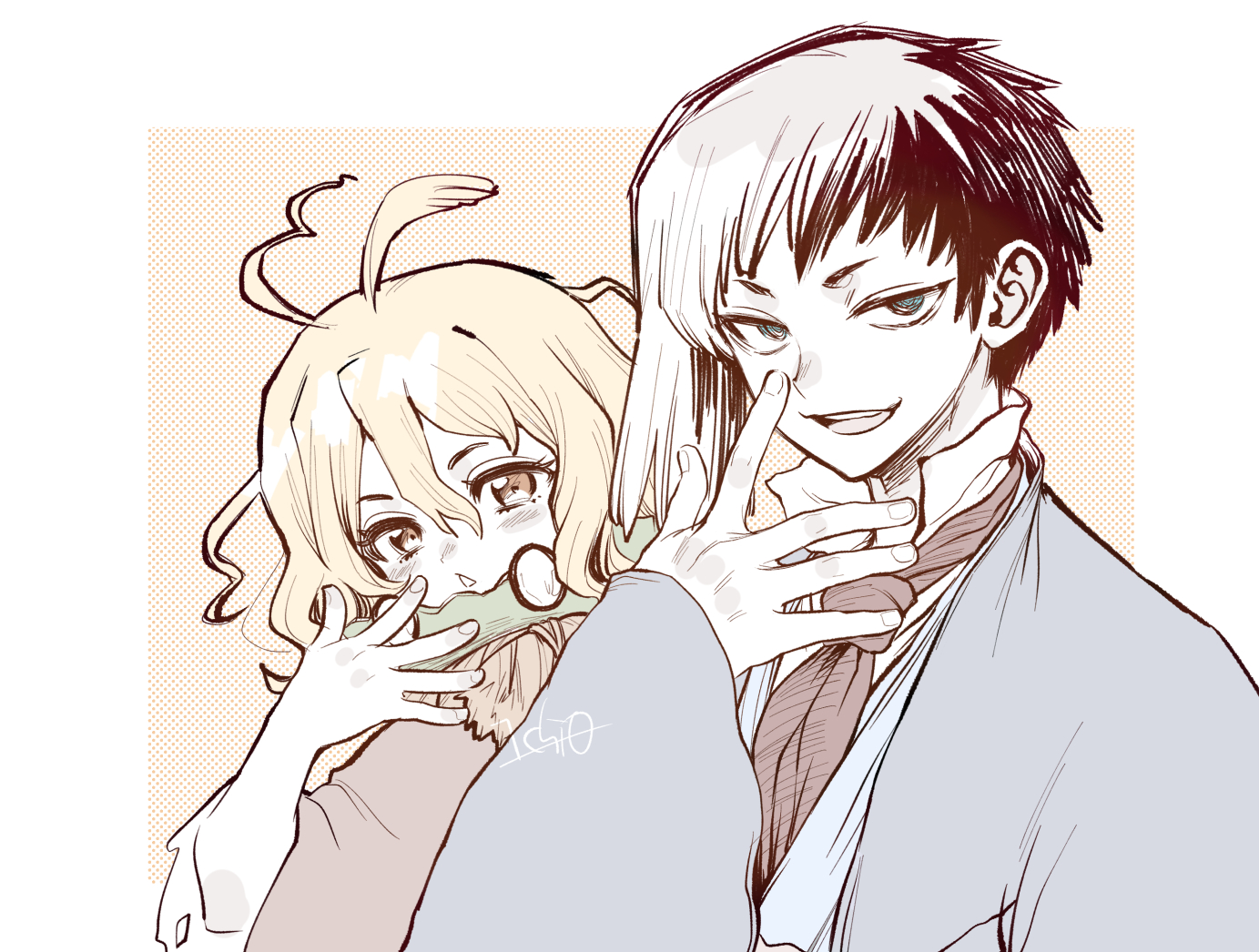 ninomae gin, asagiri gen, suika (dr.stone), dr. stone, 1boy, 1girl, ahoge, asymmetrical hair, bamboo, bit gag, black hair, blonde hair, blue eyes, blush, brown eyes, gag, hand up, japanese clothes, kimono, long sleeves, looking at viewer, male focus, multicolored hair, necktie, open mouth, short hair, signature, smile, solo focus, two-tone hair, white hair