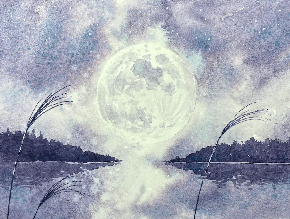 tj (tenjiku200), original, commentary, commentary request, english commentary, mixed-language commentary, painting (medium), traditional media, watercolor (medium), full moon, landscape, moon, night, no humans, outdoors, reeds, reflection, river, scenery, sky, sky focus, star (sky)