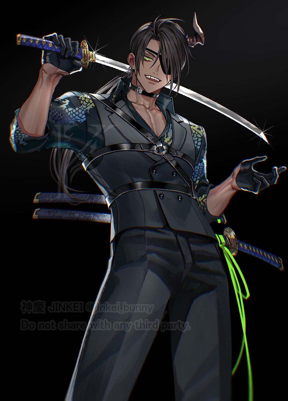 jinkei, aragami oga, holostars, commentary request, highres, 1boy, alternate costume, animal ears, artist name, backlighting, black background, black choker, black gloves, black hair, black pants, black vest, buttons, chest strap, choker, collarbone, cowboy shot, dark-skinned male, dark skin, demon horns, double-breasted, dragon print, dress pants, earrings, english text, eyepatch, formal clothes, gloves, green eyes, hair between eyes, holding, holding sword, holding weapon, horns, jacket, jewelry, katana, looking at viewer, male focus, medium hair, open mouth, pants, ponytail, ribbon, sharp teeth, sheath, sheathed, single horn, smile, solo, sparkle, standing, suit, sword, teeth, thighs, vest, virtual youtuber, watermark, weapon, weapon on back, yellow ribbon