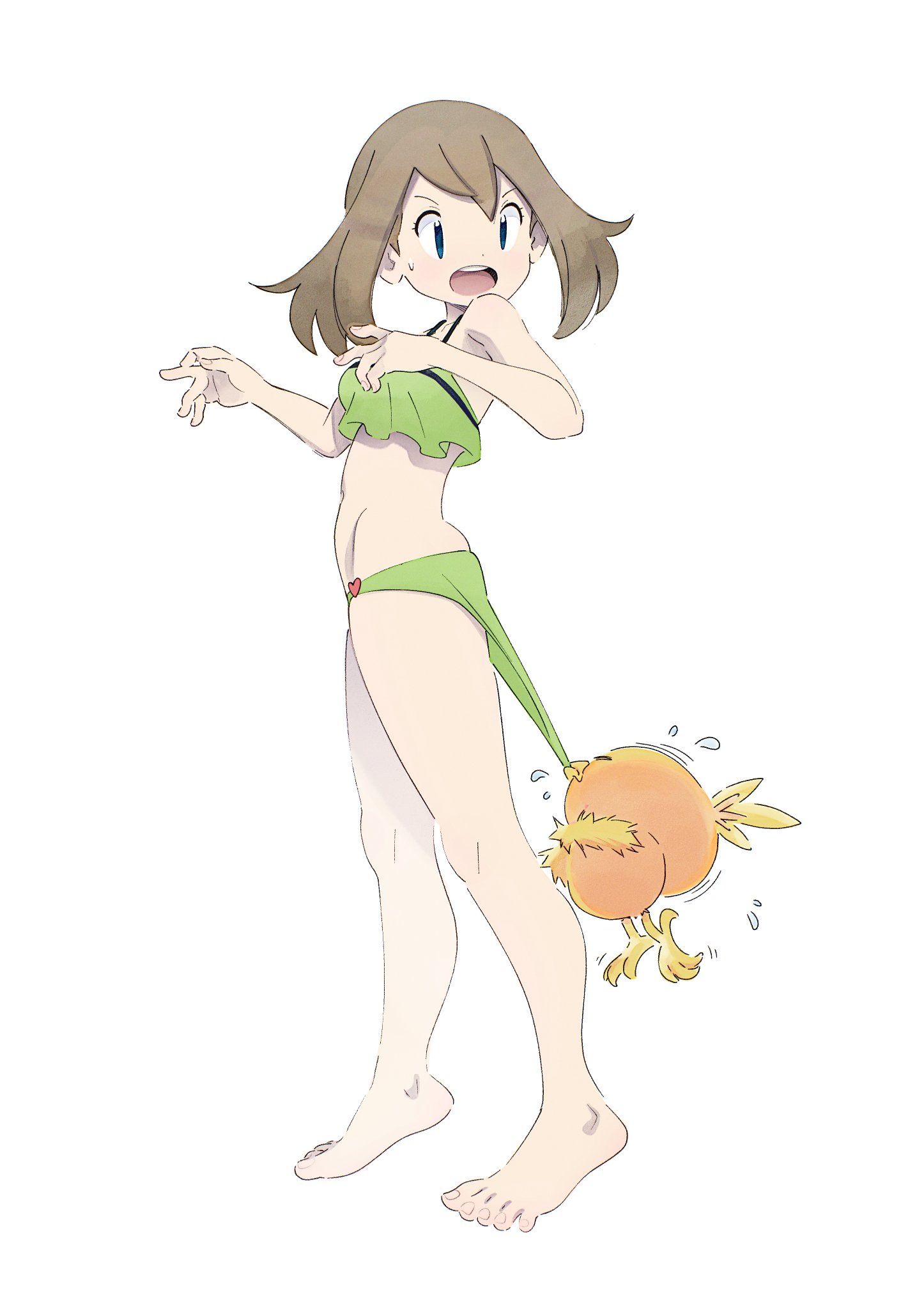 cloudxmoe, may (pokemon), torchic, nintendo, pokemon, pokemon (anime), pokemon rse (anime), commentary, english commentary, highres, 1girl, bikini, blue eyes, brown hair, feet, full body, gen 3 pokemon, green bikini, medium hair, open mouth, pokemon (creature), simple background, surprised, swimsuit, teeth, white background