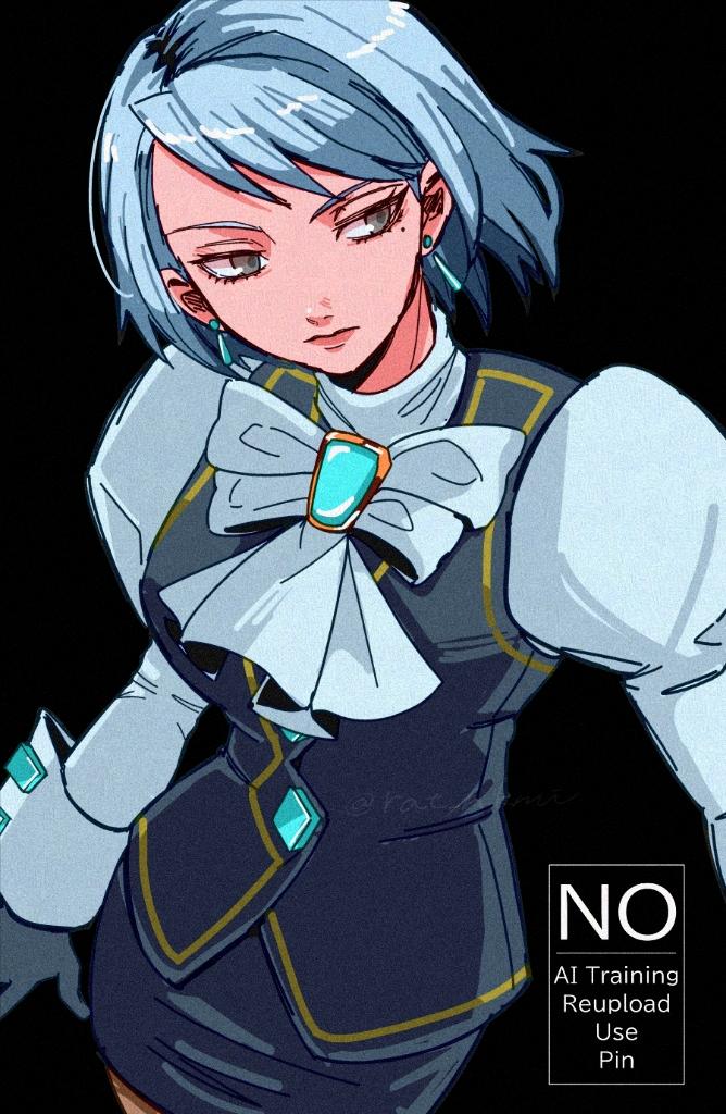 rat nkmi, franziska von karma, ace attorney, 1girl, black background, black skirt, black vest, blue hair, bow, closed mouth, earrings, expressionless, grey eyes, jewelry, juliet sleeves, long sleeves, looking to the side, mole, mole under eye, puffy sleeves, short hair, skirt, solo, vest, white bow
