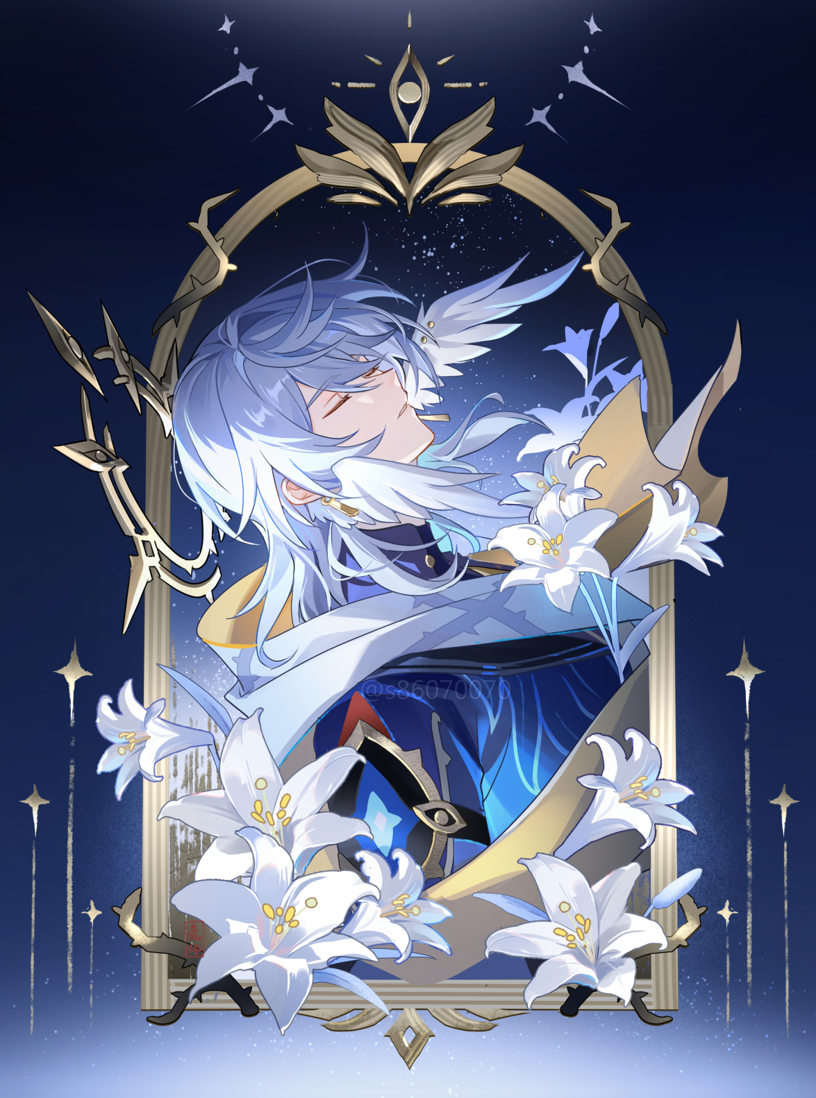 usagishi, sunday (honkai: star rail), honkai: star rail, honkai (series), hashtag-only commentary, highres, 1boy, border, cape, closed eyes, closed mouth, floating cape, flower, from side, gold cape, head wings, lily (flower), male focus, medium hair, ornate border, parted bangs, profile, solo, two-sided cape, two-sided fabric, white cape, white flower, white wings, wings