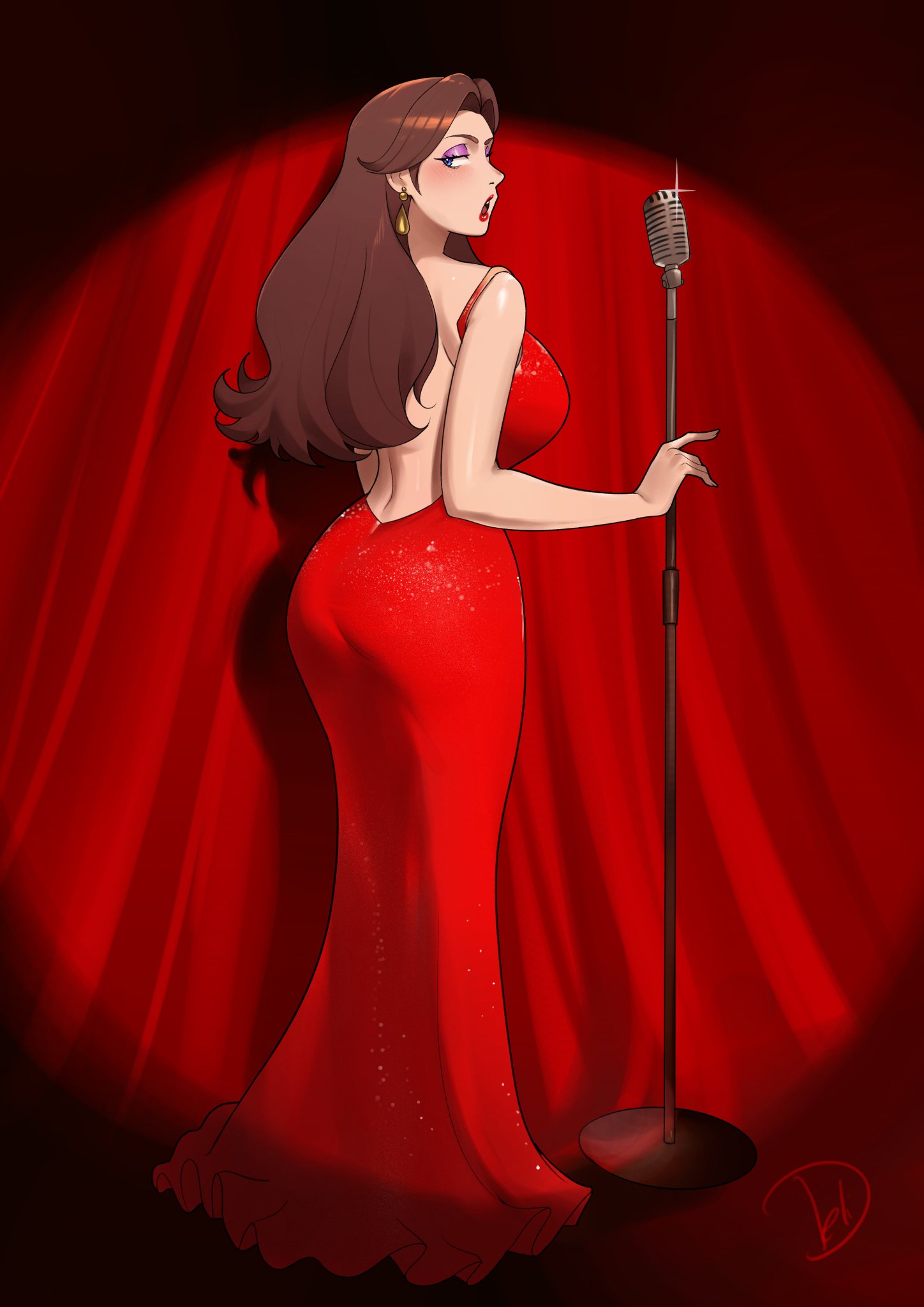 deliciousbrain, pauline (mario), mario (series), nintendo, 1girl, ass, bare shoulders, blue eyes, blush, breasts, brown hair, dress, earrings, jewelry, large breasts, lips, long hair, looking back, microphone, sleeveless