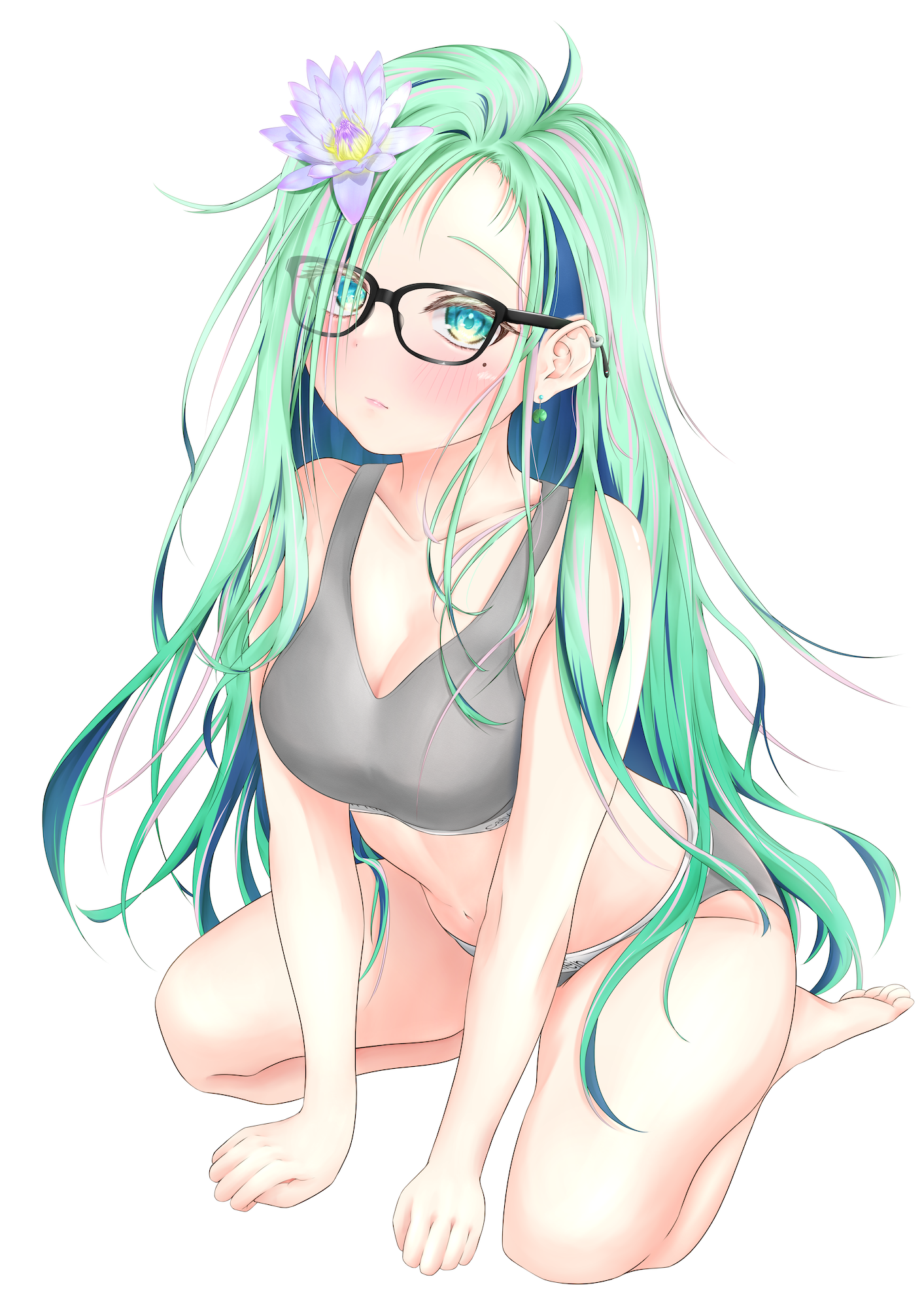 miyashun0, calvin klein, original, highres, 1girl, all fours, barefoot, black-framed eyewear, blush, bra, breasts, clothes writing, earrings, flower, full body, glasses, green eyes, green hair, grey bra, grey panties, hair over eyes, jewelry, logo waistband, long bangs, looking at viewer, medium breasts, mole, mole under eye, multicolored hair, panties, pink hair, pink lips, simple background, solo, streaked hair, two-tone hair, underwear, underwear only, underwear writing, water lily flower, white background