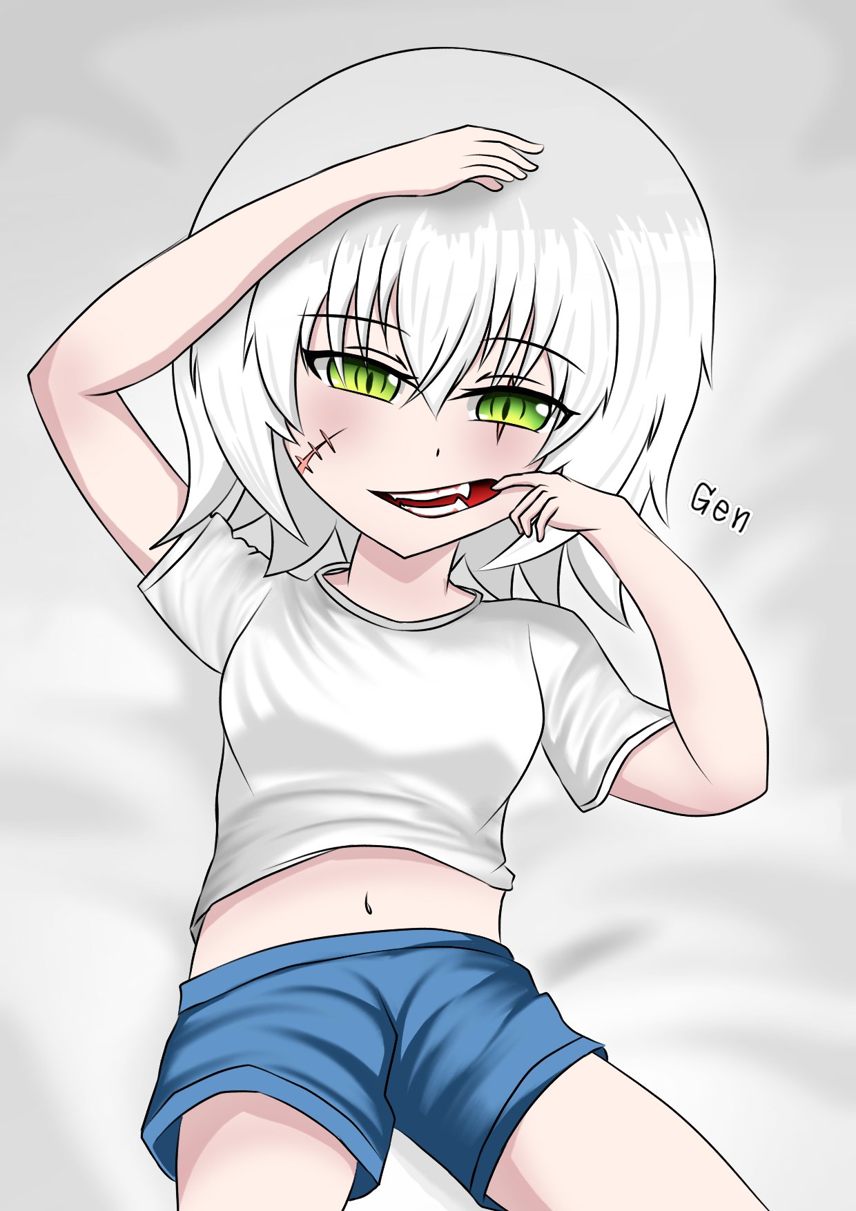 jack the ripper (fate/apocrypha), fate/apocrypha, fate/extra, fate/grand order, fate (series), highres, non-web source, source request, 1girl, blue shorts, breasts, cowboy shot, facial scar, green eyes, kanata genma, looking at viewer, mouth hold, navel, on bed, open mouth, scar, scar across eye, scar on cheek, scar on face, shirt, short hair, shorts, small breasts, solo, tooth, white hair, white shirt