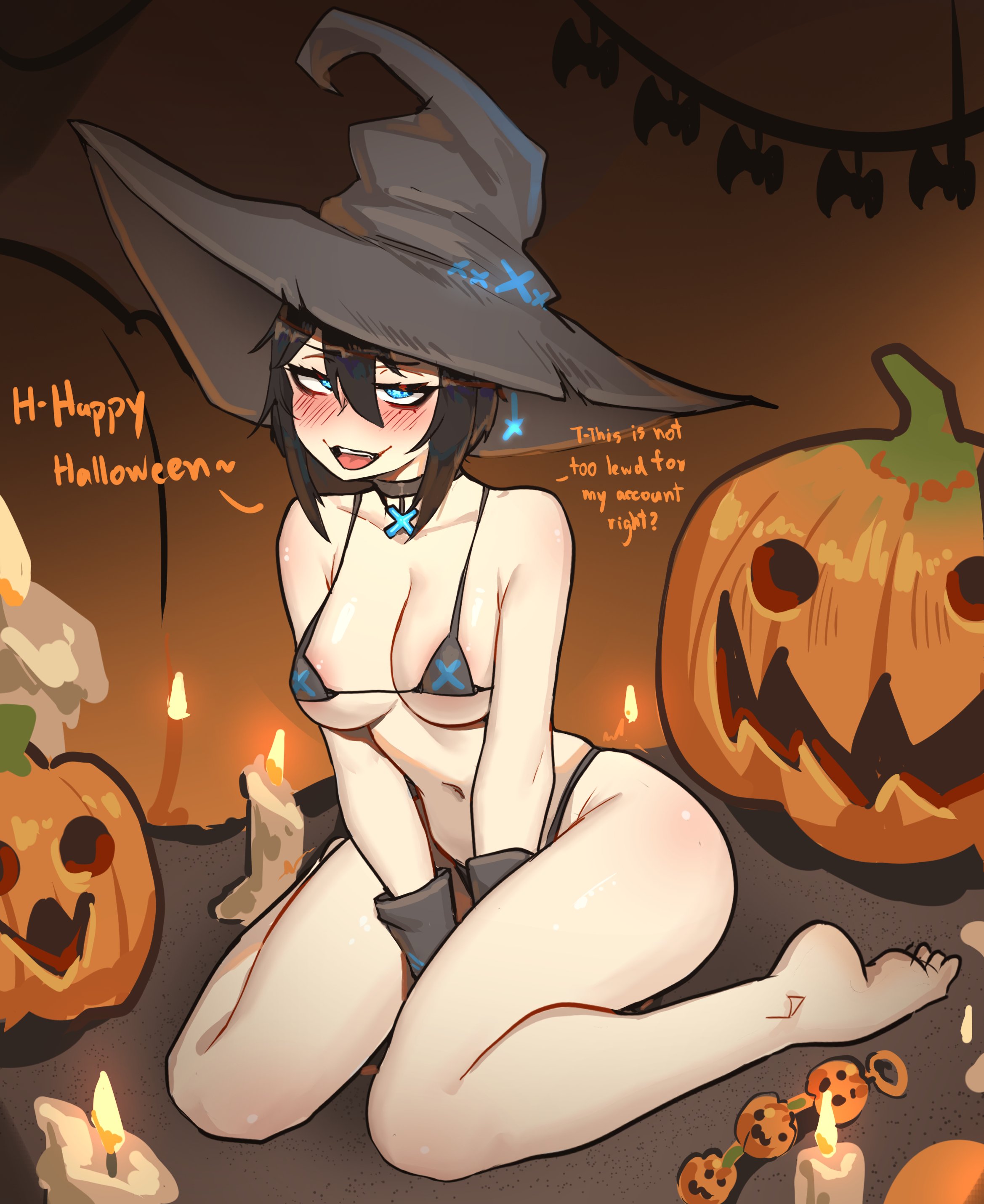 rajah (dajah), original, absurdres, commentary, english commentary, highres, 1girl, areola slip, bikini, black bikini, black choker, black hair, black hat, blue eyes, blush, breasts, choker, double-parted bangs, english text, full body, hair between eyes, half-closed eyes, halloween, happy halloween, hat, looking at viewer, medium breasts, micro bikini, navel, open mouth, pumpkin, short hair, sitting, smile, solo, swimsuit, talking, wariza, witch, witch hat