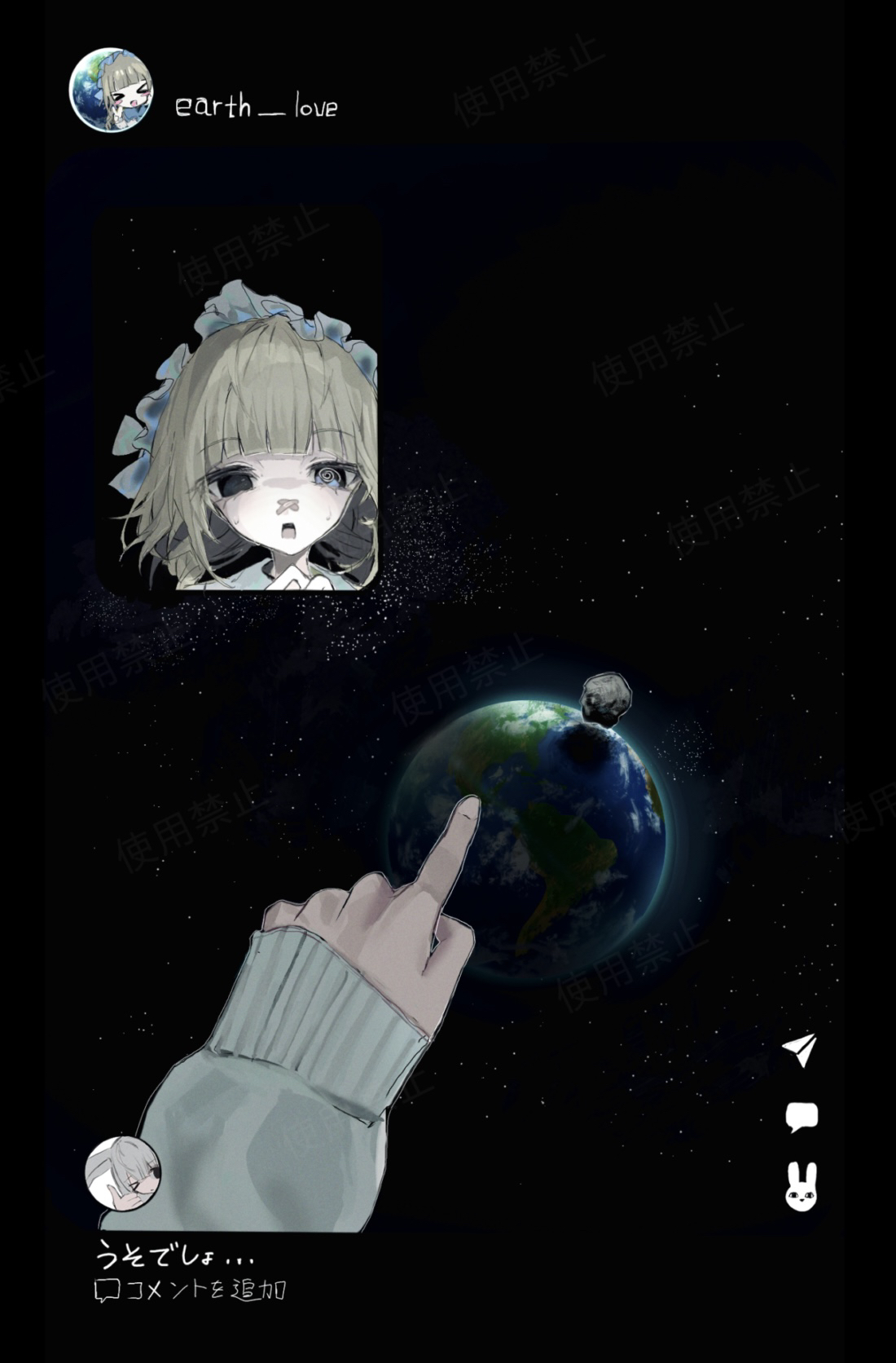 hayu (hayu0305), original, highres, 1girl, @ @, asteroid, bandaid, bandaid on face, bandaid on nose, black eyes, blonde hair, crossed bandaids, earth (planet), frilled hairband, frills, hairband, open mouth, planet, pointing, space
