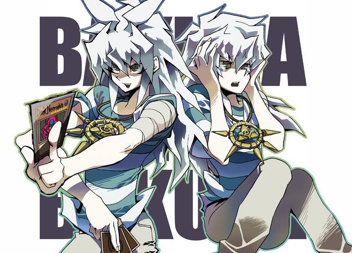 natsuno (veryroll), bakura ryou, yami bakura, yu-gi-oh!, yu-gi-oh! duel monsters, 2boys, bandages, card, holding, holding card, male focus, multiple boys, shirt, striped clothes, striped shirt, tears, white hair
