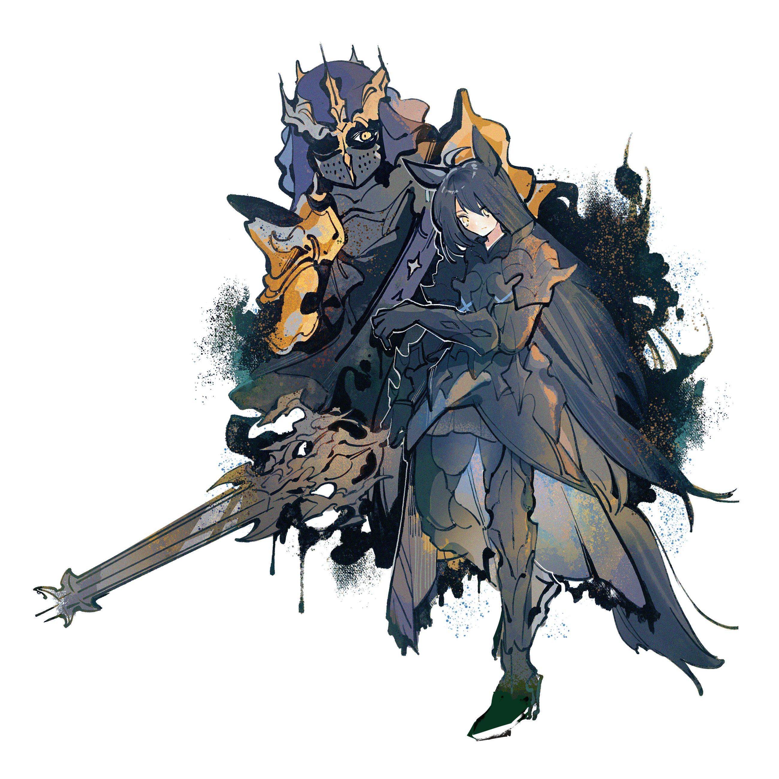 fenrishion, dark knight (final fantasy), fray myste, manhattan cafe (umamusume), final fantasy, final fantasy xiv, umamusume, absurdres, highres, 1girl, 1other, ahoge, animal ears, armor, black hair, dark knight, full armor, greatsword, helm, helmet, horse ears, horse girl, horse tail, looking at viewer, simple background, sword, tail, weapon, white background, yellow eyes