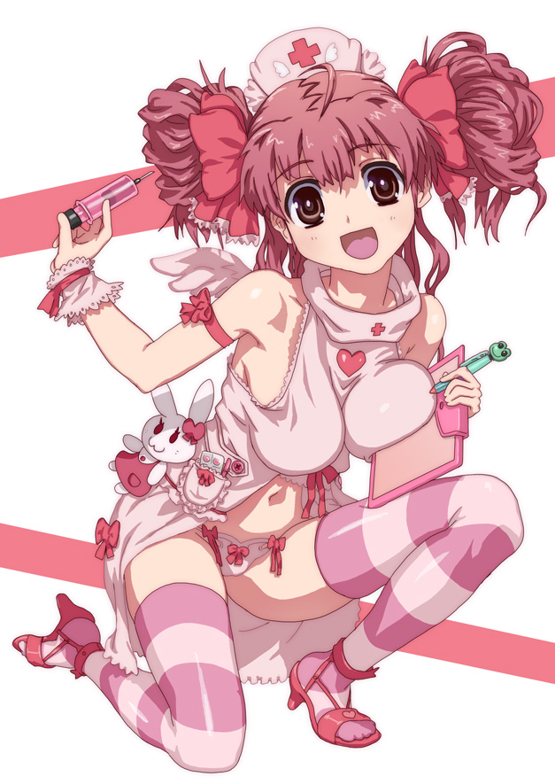 hirose (mokiki), original, 1girl, :d, angel wings, bow, breast press, breasts, clipboard, doll, female focus, hair bow, heart, high heels, large breasts, long hair, nurse, on one knee, open mouth, panties, red hair, shoes, smile, solo, striped clothes, striped thighhighs, stuffed animal, stuffed rabbit, stuffed toy, syringe, thighhighs, underwear, wings