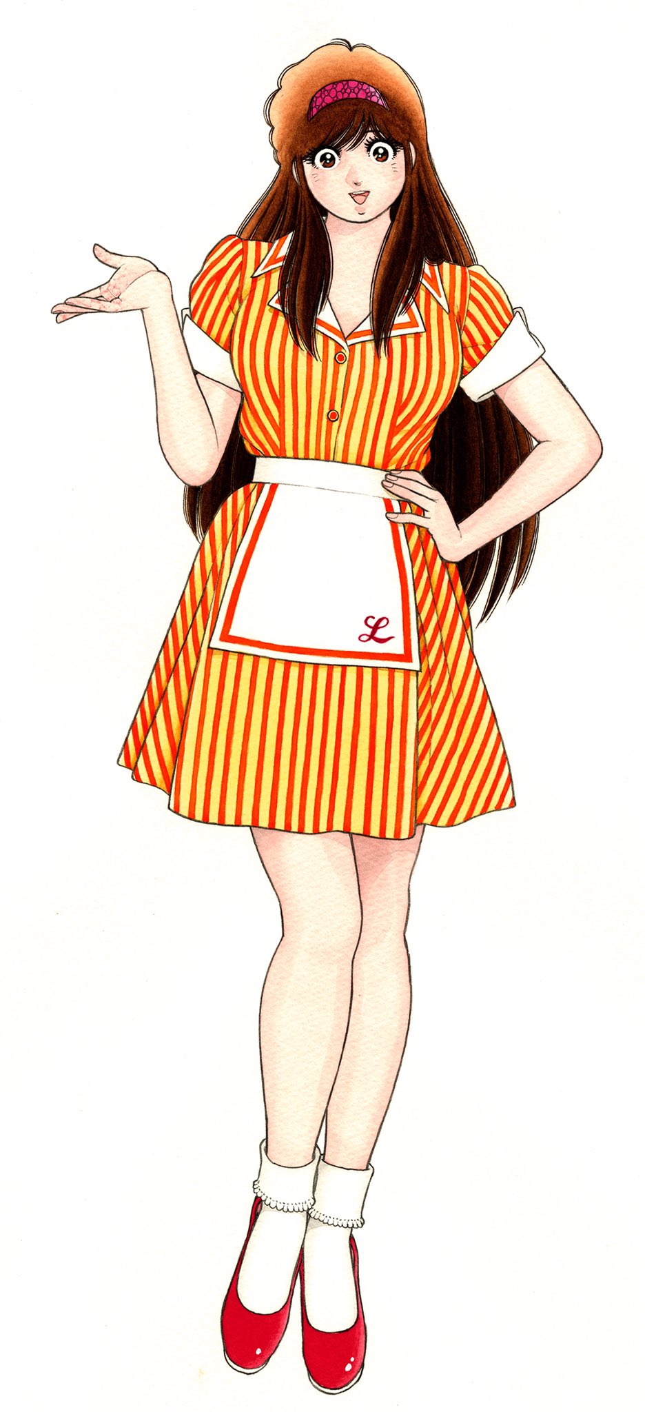 miura mitsuru, asaoka natsumi, the kabocha wine, commentary request, highres, official art, 1girl, ankle socks, apron, bobby socks, brown eyes, brown hair, collared shirt, full body, hairband, hand on own hip, hand up, long hair, looking at viewer, open mouth, pink hairband, red shirt, red shoes, red skirt, shirt, shoes, short sleeves, simple background, skirt, smile, socks, solo, standing, striped clothes, striped shirt, striped skirt, tachi-e, teeth, two-tone shirt, two-tone skirt, upper teeth only, vertical-striped clothes, vertical-striped shirt, vertical-striped skirt, waist apron, waitress, white apron, white background, white socks, yellow shirt, yellow skirt