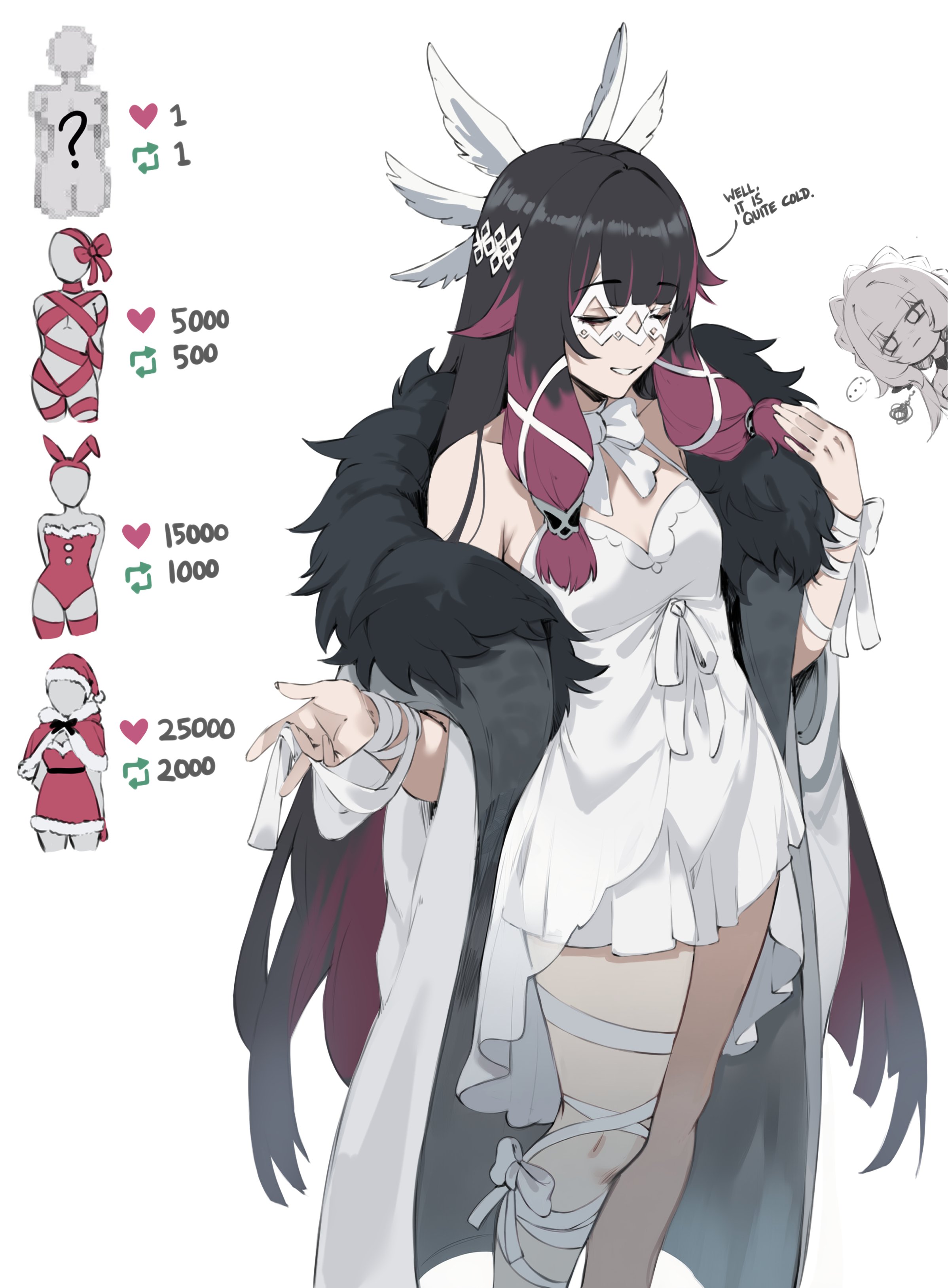 masoq, columbina (genshin impact), sandrone (genshin impact), genshin impact, absurdres, commentary, english commentary, highres, …, 2girls, bandaged arm, bandaged wrist, bandages, bow, closed eyes, dress, english text, eye mask, feathered wings, hair ornament, head wings, like and retweet, mask, multicolored hair, multiple girls, multiple wings, simple background, speech bubble, white background, white bow, white dress, white headdress, white mask, white wings, wing hair ornament, wings