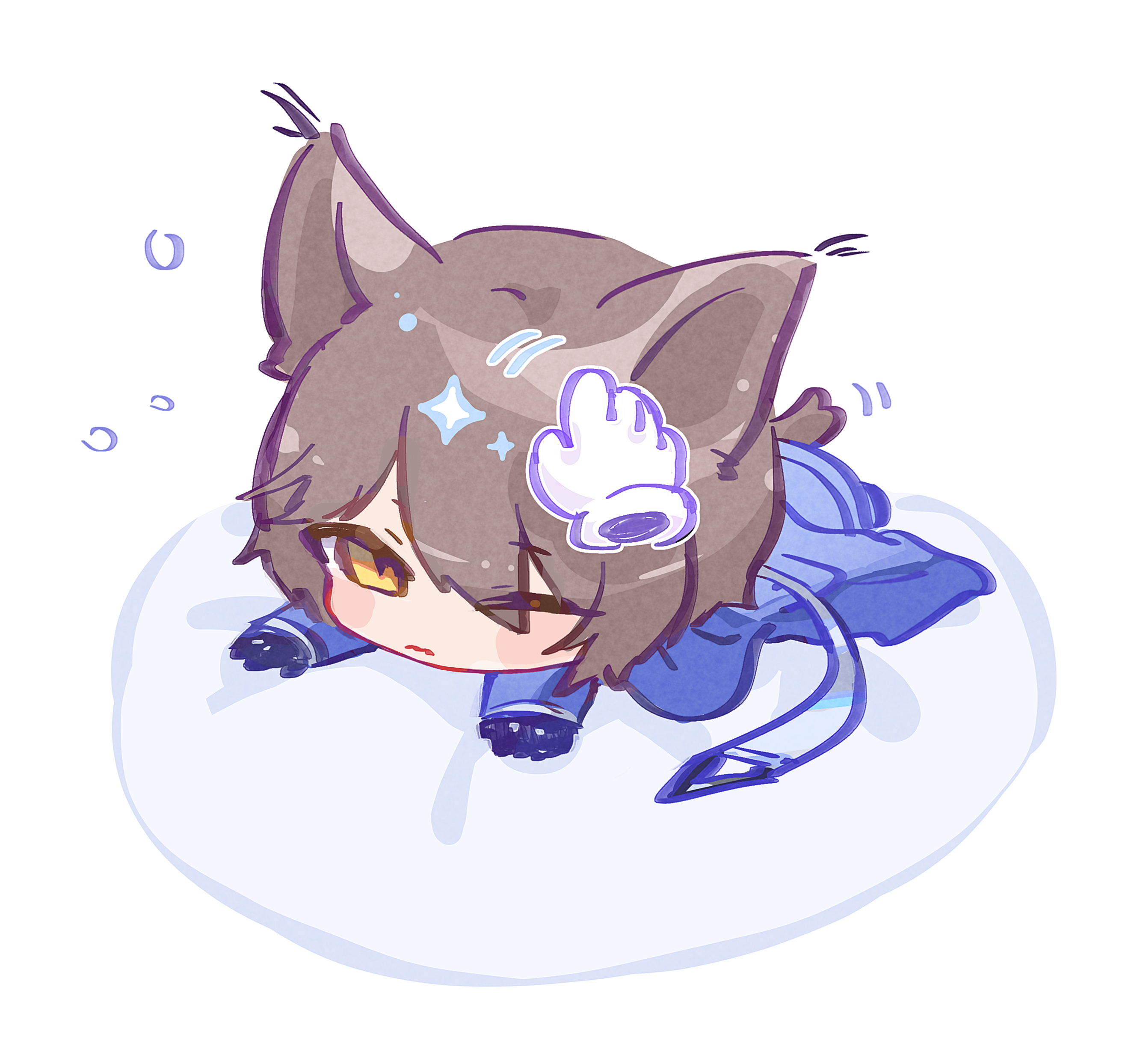 myluche, phantom (arknights), tragodia (arknights), arknights, absurdres, highres, 1boy, animal ears, black gloves, blue jacket, blush stickers, brown eyes, brown hair, chibi, closed mouth, disembodied hand, full body, gloves, hair over one eye, headpat, jacket, lying, male focus, motion lines, on stomach, one eye closed, simple background, solo focus, tail, white background