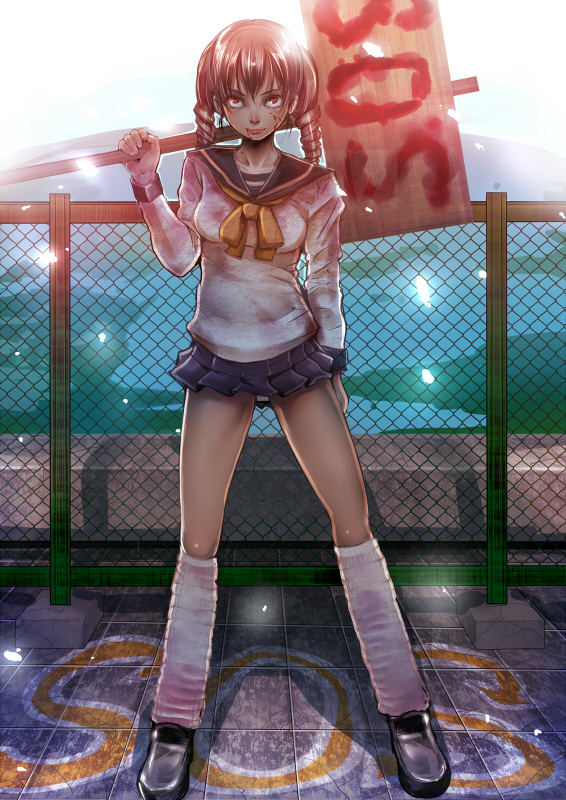 nakasone haiji, original, bad id, bad pixiv id, 1girl, blood, brown hair, delinquent, drill hair, female focus, fence, gyaru, holding, holding sign, kogal, legs, miniskirt, panties, pantyshot, red eyes, school uniform, serafuku, sign, skirt, solo, underwear, white panties