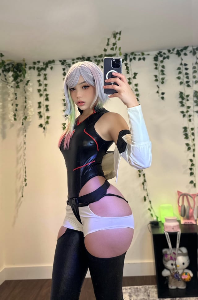 strawbunni, lucy (cyberpunk), cyberpunk: edgerunners, cyberpunk (series), real life, 1girl, cosplay, selfie, solo