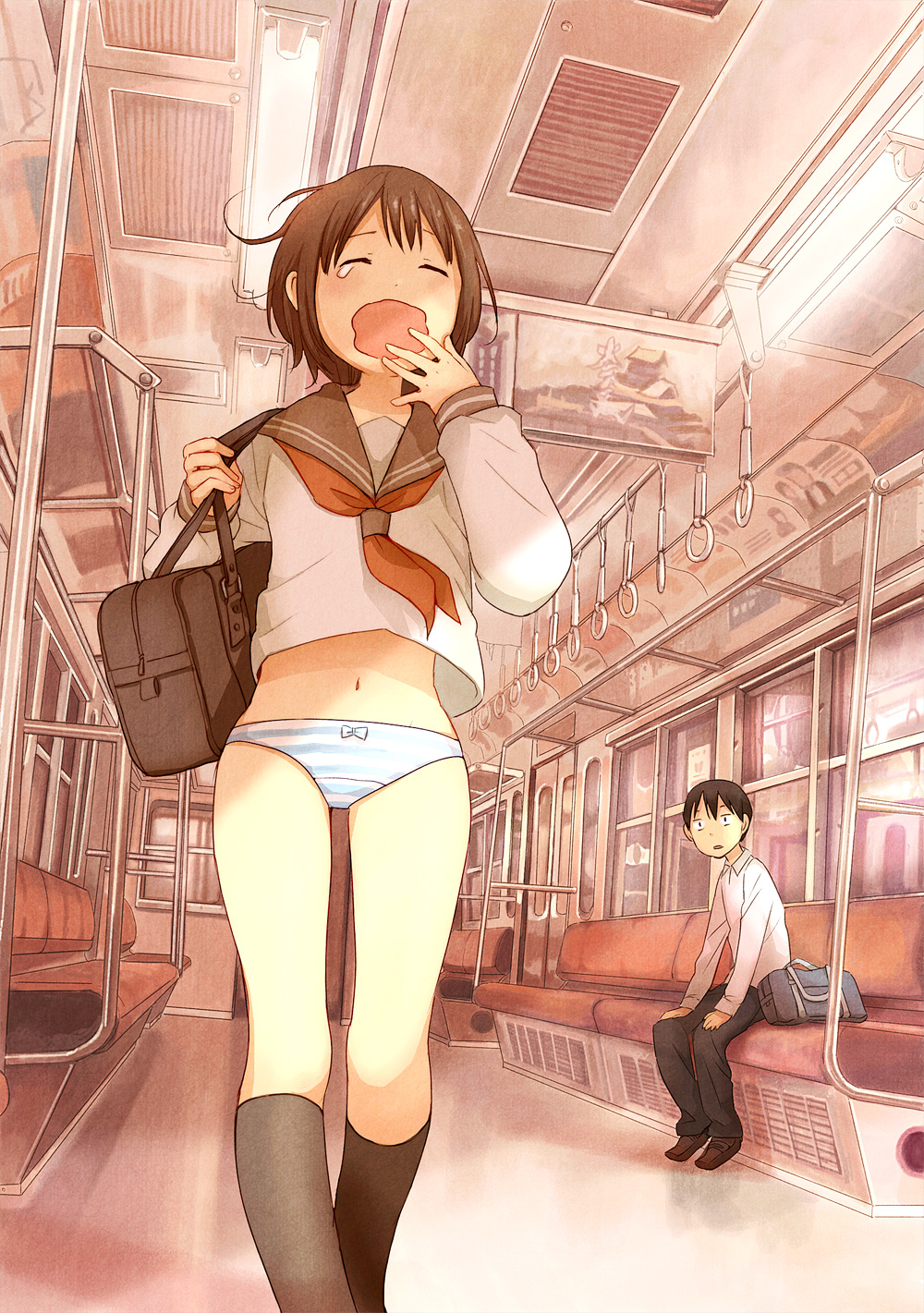 yuu (plasm), original, highres, 1boy, 1girl, accident, bag, black hair, black socks, bob cut, bow, bow panties, brown hair, closed eyes, kneehighs, legs, navel, no pants, open mouth, panties, public indecency, school bag, school uniform, serafuku, short hair, sleepy, socks, staring, striped clothes, striped panties, tears, train, train interior, underwear, vanishing point, wardrobe error, wavy mouth, yawning