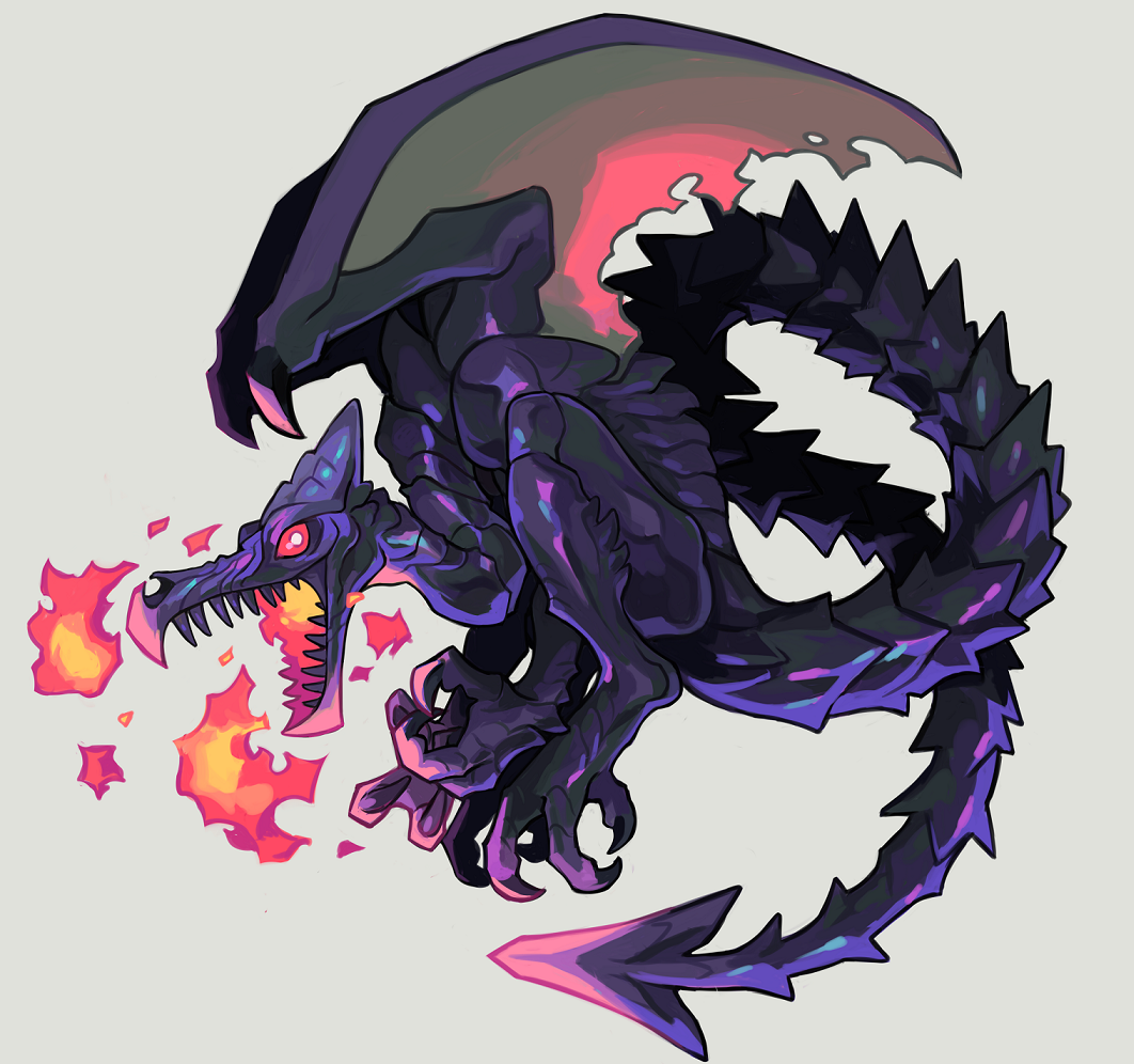 yiq, ridley, metroid, metroid fusion, nintendo, bad id, bad tumblr id, breath weapon, breathing fire, claws, colored skin, dragon, dragon wings, fangs, fire, grey background, purple skin, red eyes, sharp tail, simple background, wings