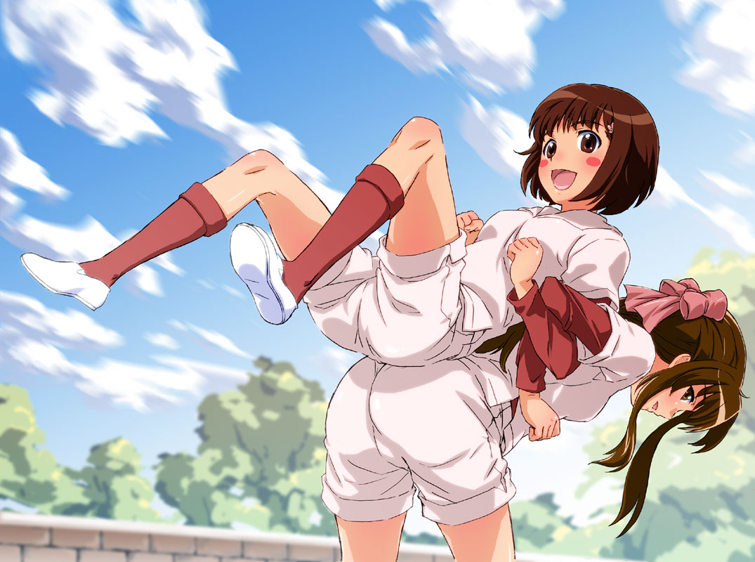 nisemon, ogasawara akiko, suzukawa koume, taishou yakyuu musume, 00s, 2girls, back-to-back, baseball uniform, blunt bangs, blush, blush stickers, bob cut, bow, brown eyes, brown hair, hair bow, kneehighs, lifting person, locked arms, long hair, multiple girls, short hair, shorts, sidelocks, smile, socks, sportswear, stretching, tree