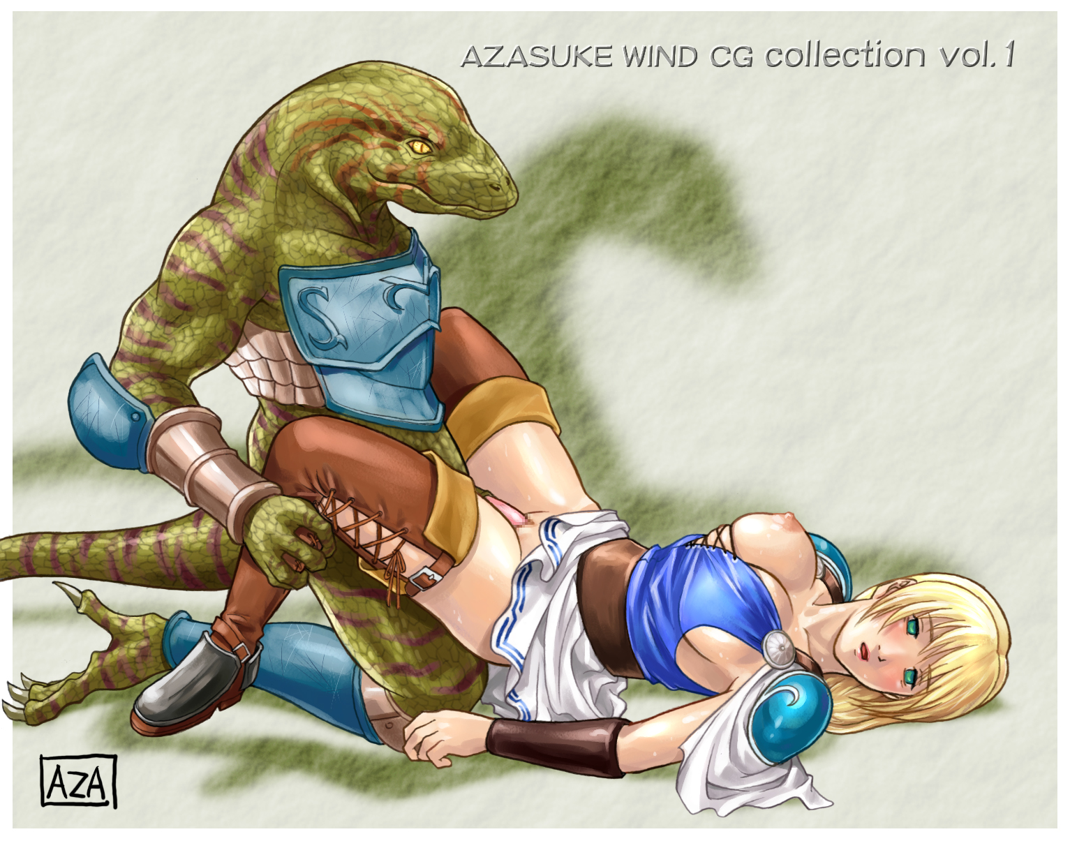 azasuke, aeon calcos, sophitia alexandra, namco, soul calibur, soulcalibur i, highres, 1girl, artist name, clothed sex, defeat, empty eyes, lizardman, missionary, monster, nipple slip, nipples, rape, sex, vaginal