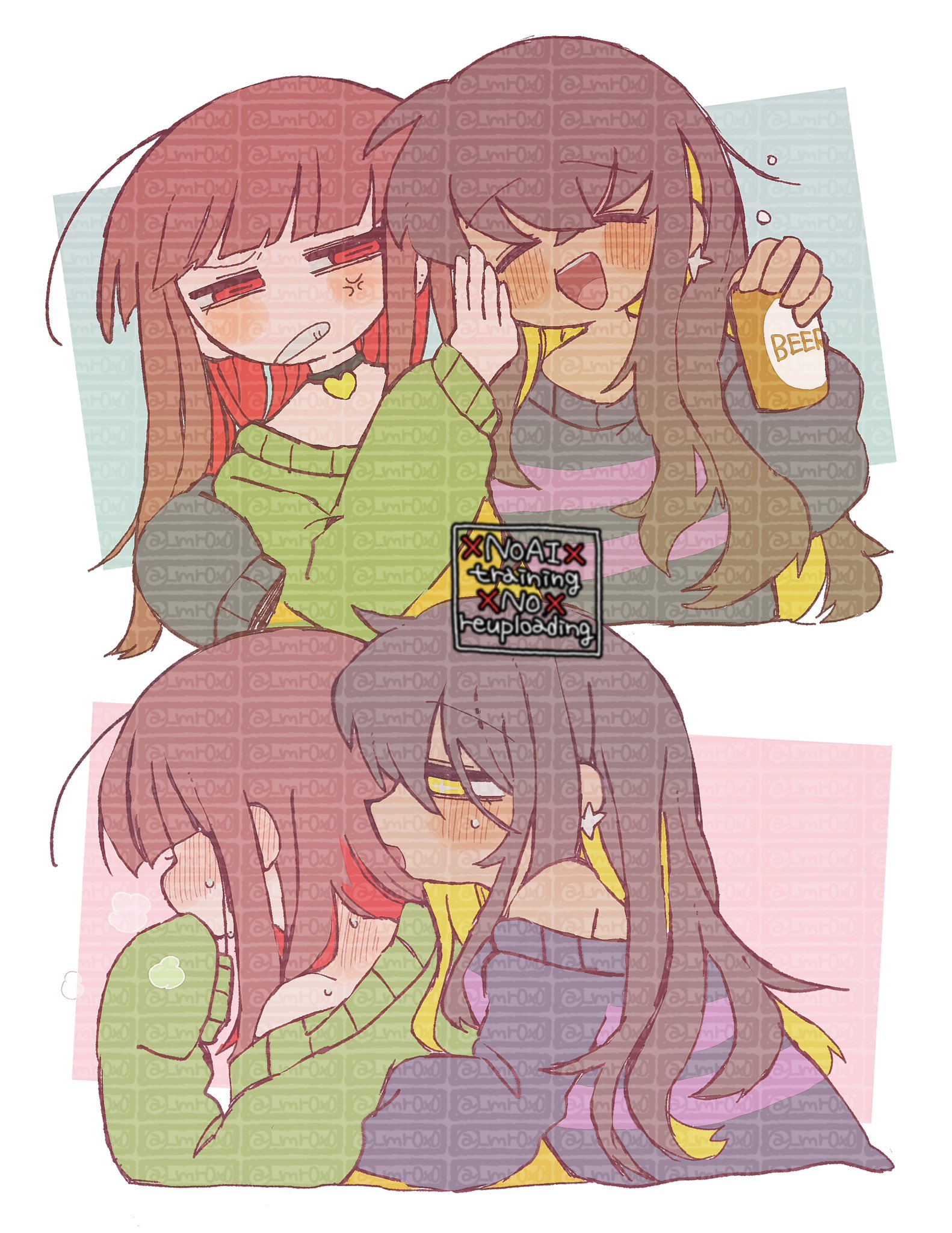 mr0x0, chara (undertale), frisk (undertale), undertale, utdr (toby fox), commentary request, highres, 2girls, anger vein, back blush, beer can, blonde hair, blue sweater, blush, blush stickers, breasts, brown hair, can, closed eyes, colored inner hair, dark-skinned female, dark skin, drink can, drunk, ear blush, earrings, genderswap, genderswap (otf), green sweater, hug, hug from behind, jewelry, long hair, long sleeves, looking at another, multicolored hair, multiple girls, open mouth, purple sweater, pushing away, red eyes, shirt, smile, sweater, too many watermarks, unusually open eyes, watermark, watermark grid, yellow sweater, yuri