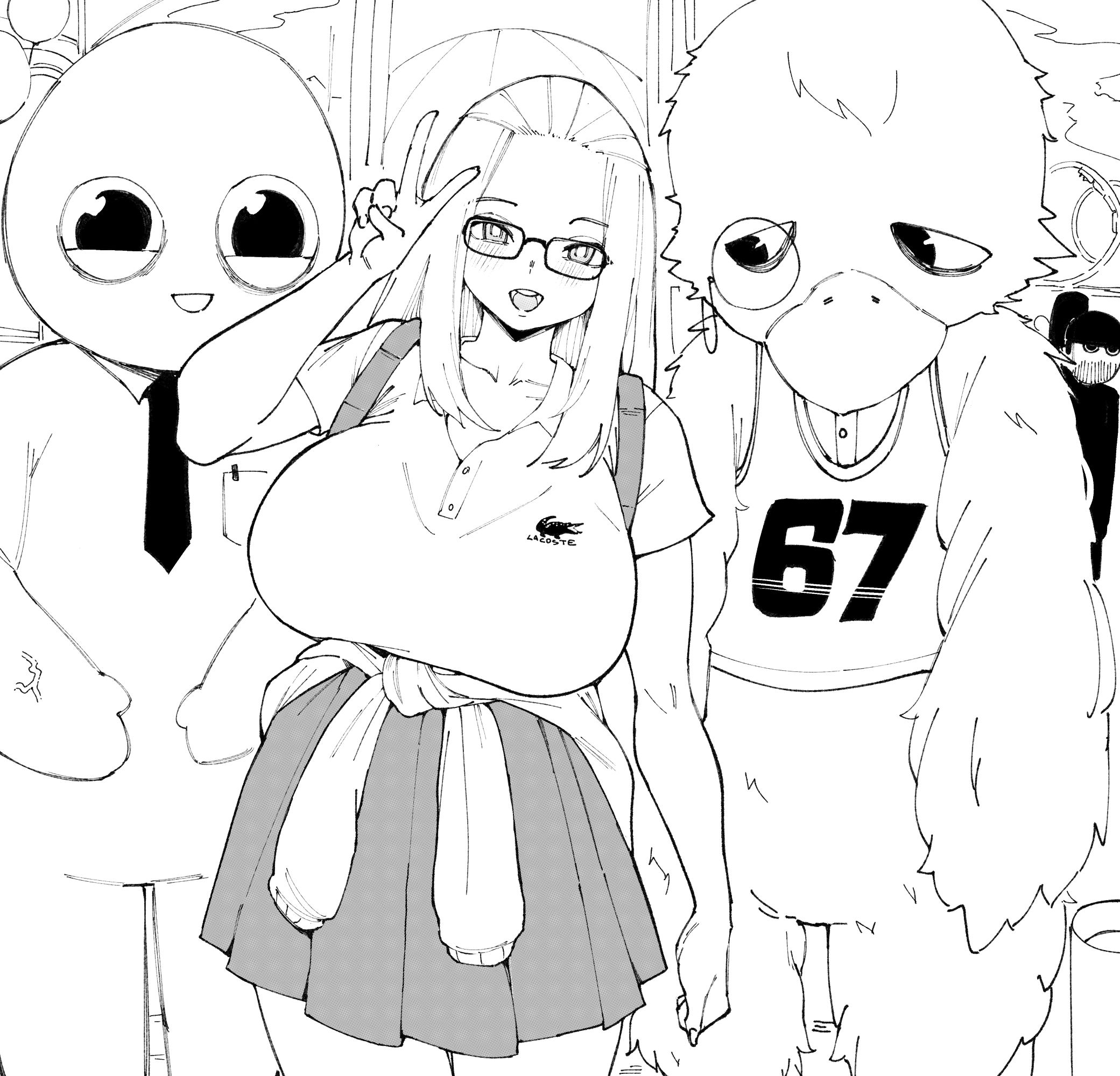 norman maggot, inne sulistya robin, lacoste, original, commentary, english commentary, highres, 1girl, 2others, 67 (meme), bangs pinned back, blush, bralines, breasts, buttons, clothes around waist, collared shirt, glasses, greyscale, hands up, huge breasts, long hair, mascot, mascot costume, meme, monochrome, multiple others, open mouth, pleated skirt, shirt, short sleeves, skirt, standing, staring, sweater, sweater around waist, teeth, v