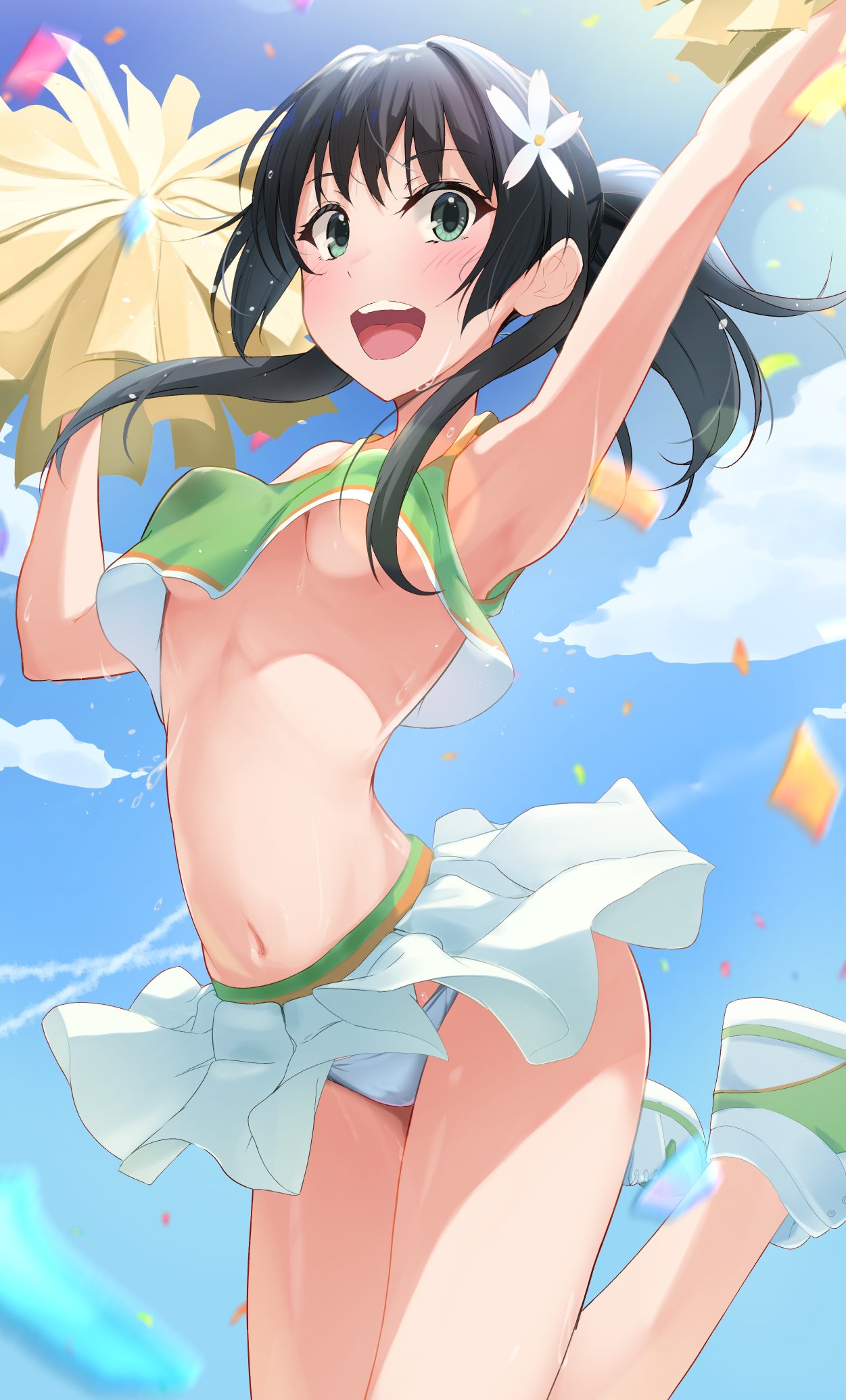 k3rd, saten ruiko, toaru kagaku no railgun, toaru majutsu no index, commentary request, commission, highres, skeb commission, 1girl, :d, black hair, blue eyes, blue sky, breasts, cheering, cheerleader, cloud, confetti, crop top, flower, hair flower, hair ornament, holding, holding pom poms, jumping, long hair, navel, no bra, open mouth, panties, pom pom (cheerleading), pom poms, ponytail, skirt, sky, small breasts, smile, solo, stomach, teeth, underboob, underwear, upper teeth only, white panties, white skirt