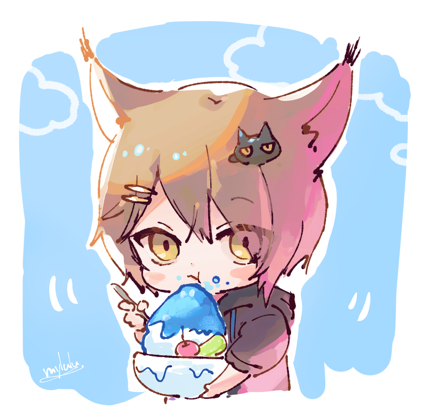 myluche, phantom (arknights), tragodia (arknights), arknights, highres, 1boy, :t, animal ear fluff, animal ears, black hoodie, blue background, blush stickers, bowl, brown eyes, brown hair, chibi, closed mouth, cropped torso, drawstring, eyes visible through hair, food, food on face, hair ornament, hair over one eye, hairclip, holding, holding bowl, holding spoon, hood, hood down, hoodie, male focus, motion lines, shaved ice, signature, solo, spoon, upper body
