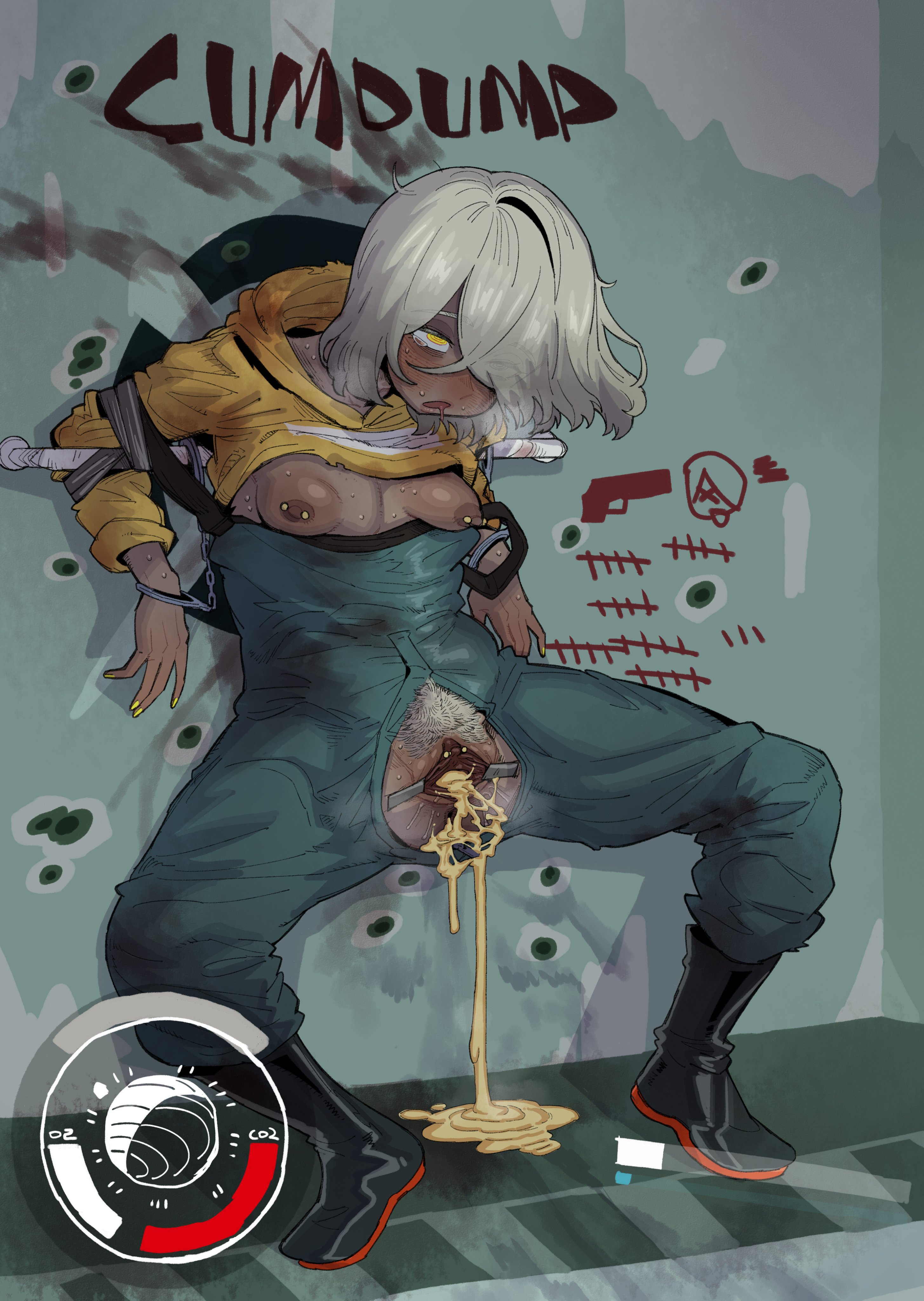 ebonyxh, eylin eyla (ebonyxh), original, starfield, absurdres, commentary request, highres, 1girl, blue overalls, breasts, breasts out, clothes lift, cum, cum in pussy, cumdrip, cumdump, dark-skinned female, dark skin, dilation tape, female pubic hair, hood, hoodie, hoodie lift, nipple bar, nipple piercing, nipples, open overalls, overalls, piercing, pubic hair, public use, restrained, rolling eyes, short hair, small breasts, solo, spread legs, tally, tape, uncensored, white hair, yellow eyes, yellow hoodie