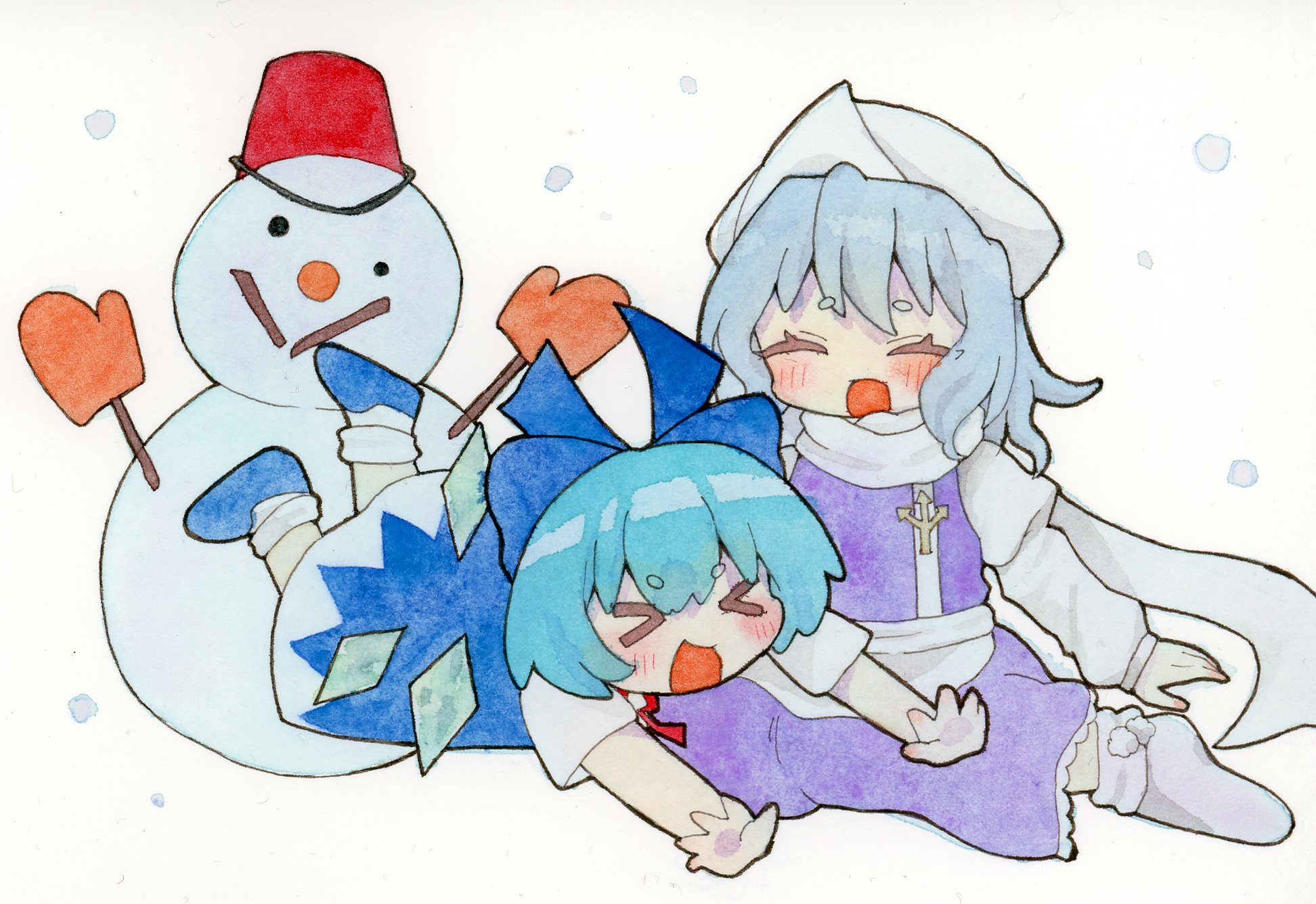 pppppks, cirno, letty whiterock, touhou, highres, > <, 2girls, :o, blue ribbon, closed eyes, hair ribbon, lapel pin, looking at another, multiple girls, open mouth, ribbon, shirt, snowman, triangular headpiece, white shirt